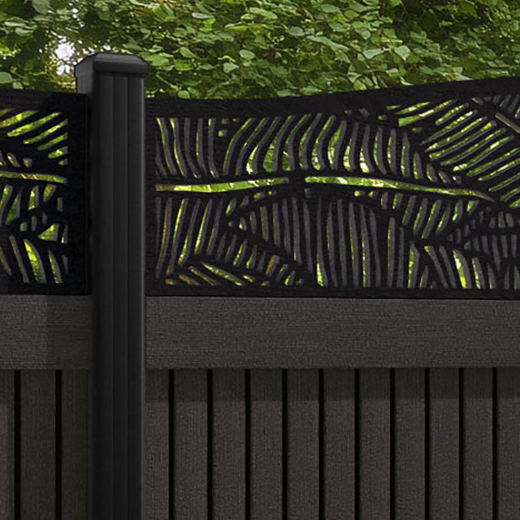 Virtis Feather Curved Top Fence Panel - Dark Oak - with our aluminium posts
