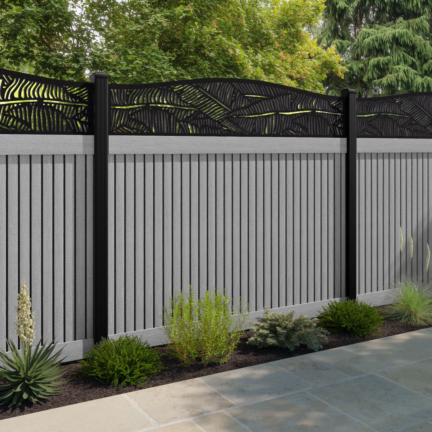 Virtis Feather Curved Top Fence Panel - Light Grey - with our aluminium posts