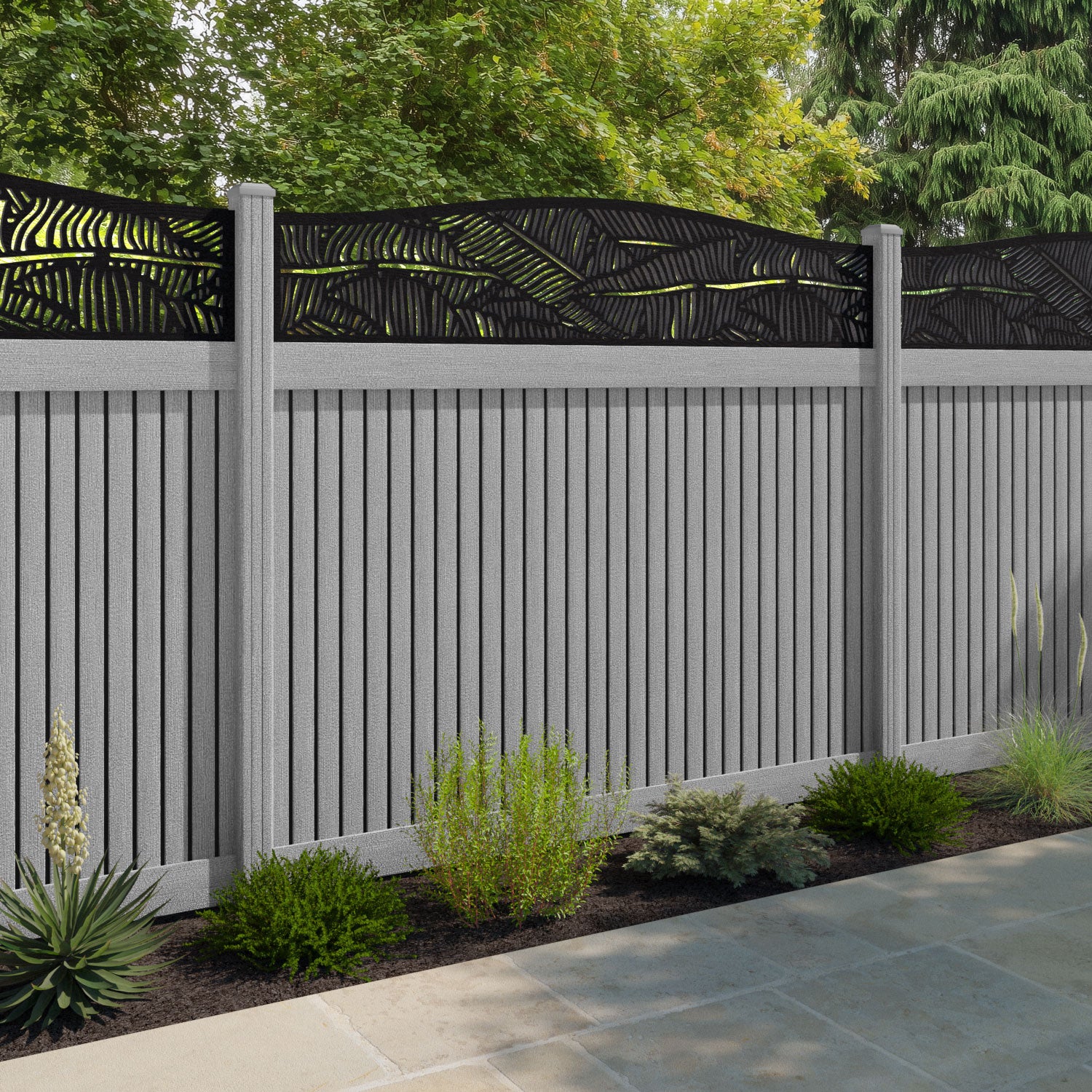 Virtis Feather Curved Top Fence Panel - Light Grey - with our composite posts