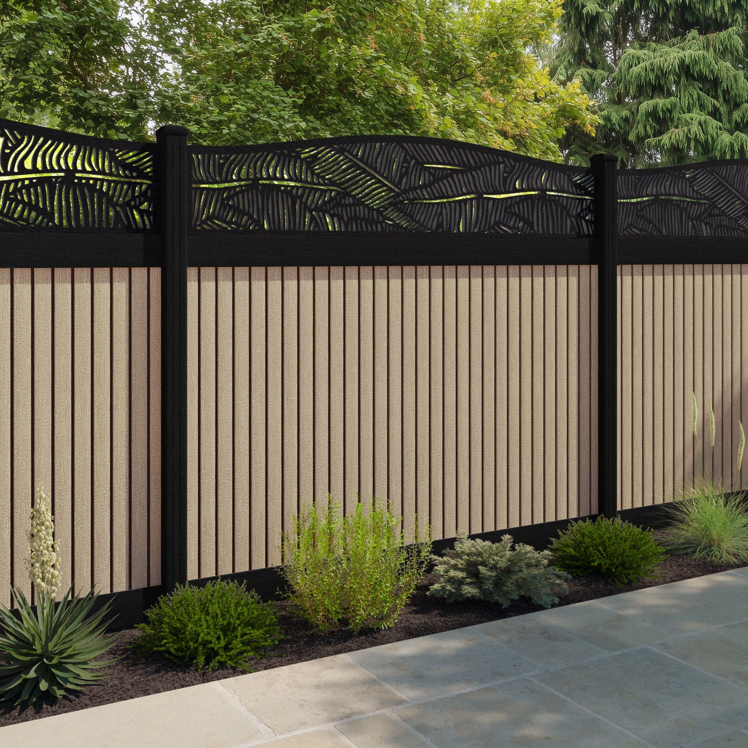 Virtis Feather Curved Top Fence Panel - Light Oak - with our composite posts