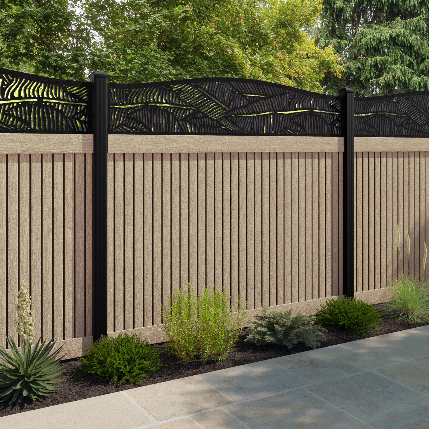 Virtis Feather Curved Top Fence Panel - Light Oak - with our composite posts