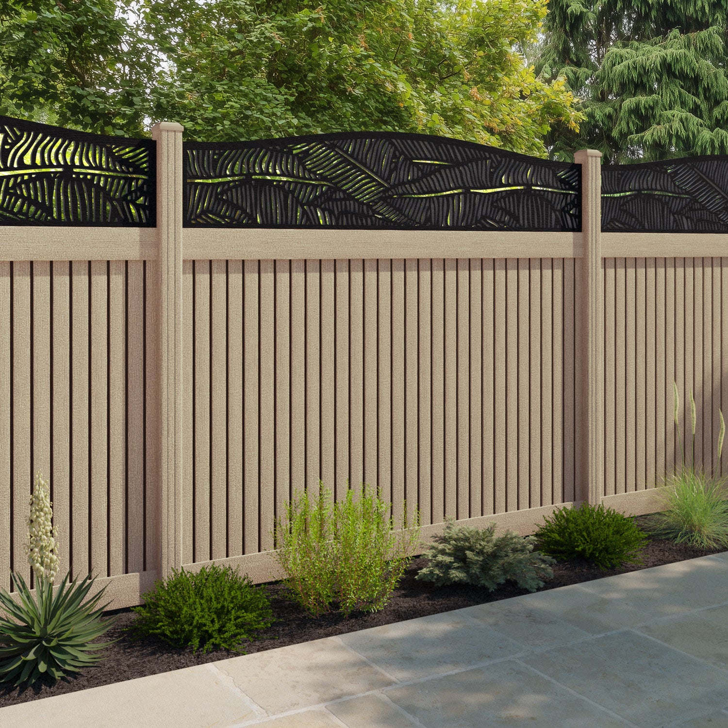 Virtis Feather Curved Top Fence Panel - Light Oak - with our composite posts
