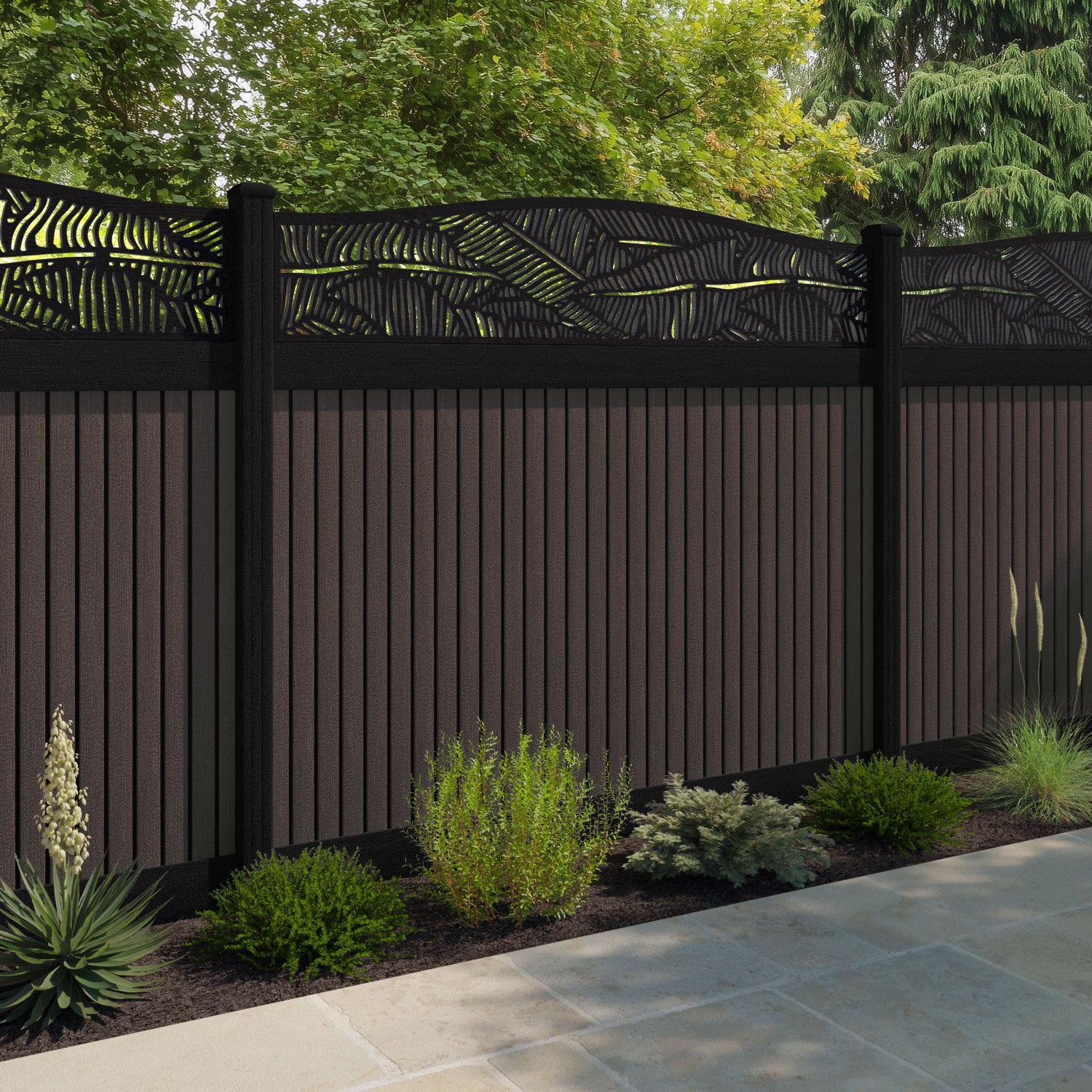 Virtis Feather Curved Top Fence Panel - Mid Brown - with our aluminium posts