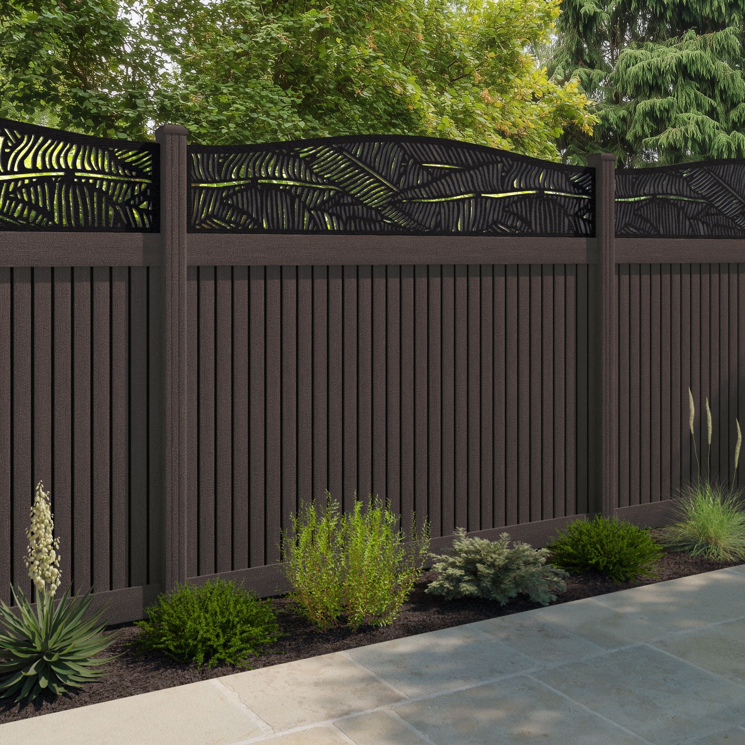 Virtis Feather Curved Top Fence Panel - Mid Brown - with our composite posts