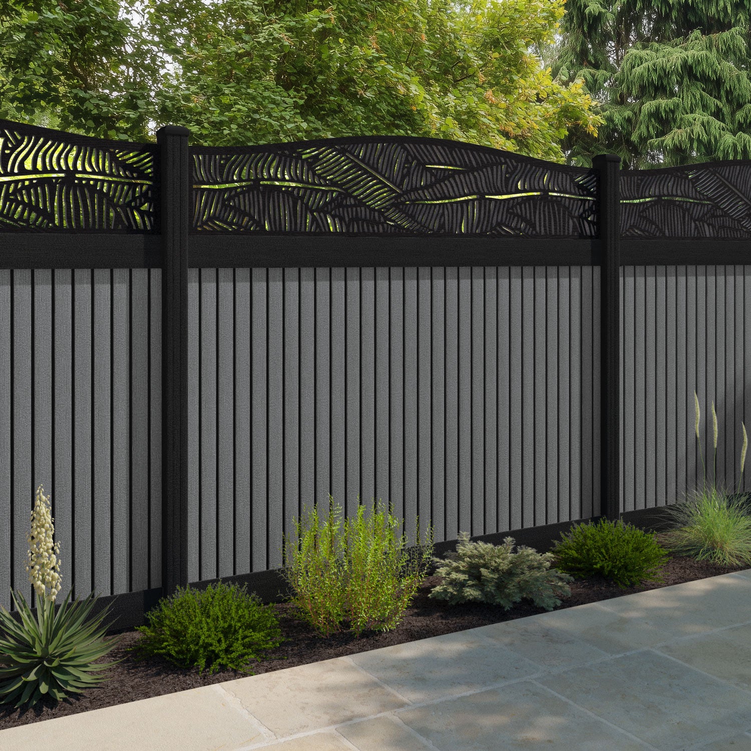 Virtis Feather Curved Top Fence Panel - Mid Grey - with our composite posts