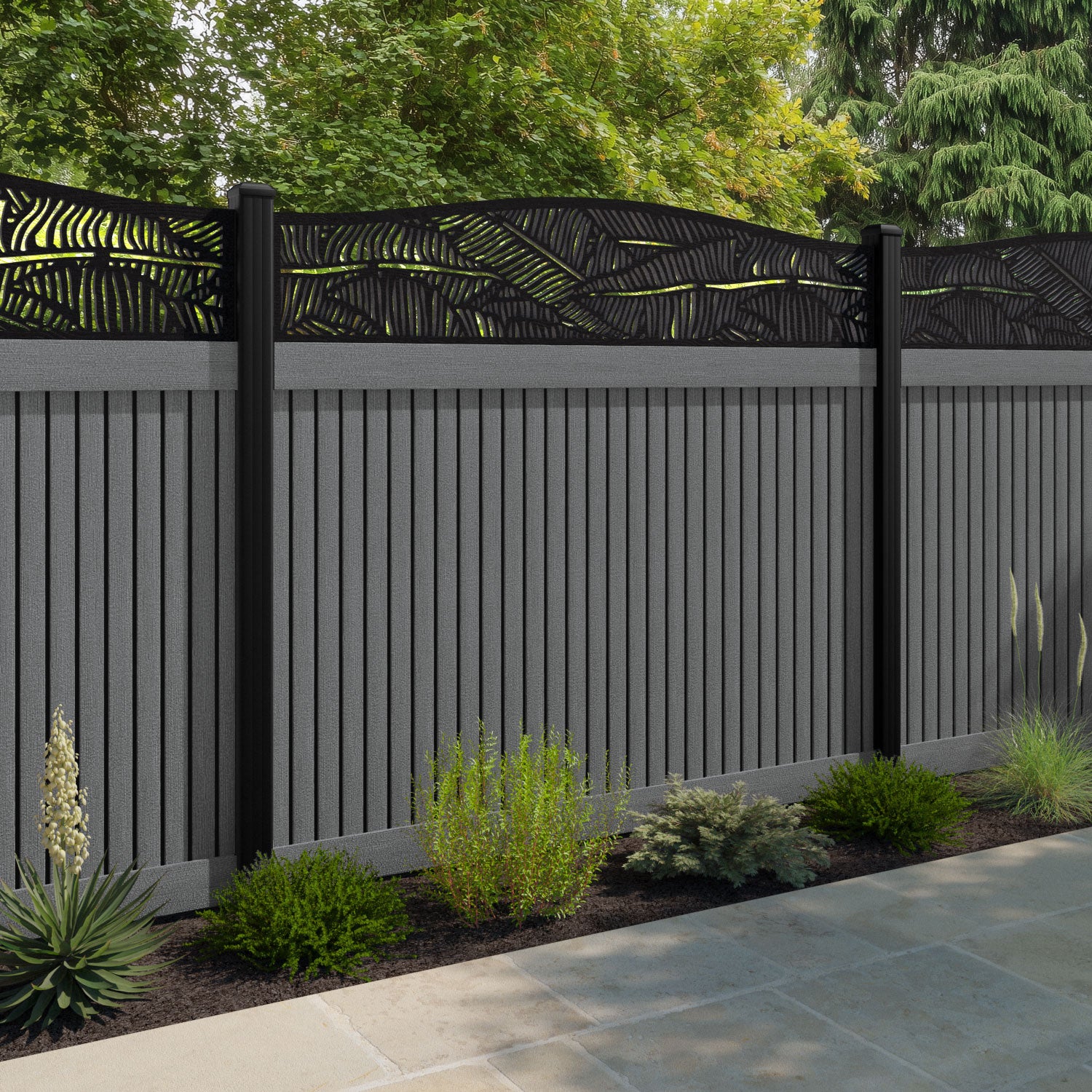 Virtis Feather Curved Top Fence Panel - Mid Grey - with our composite posts