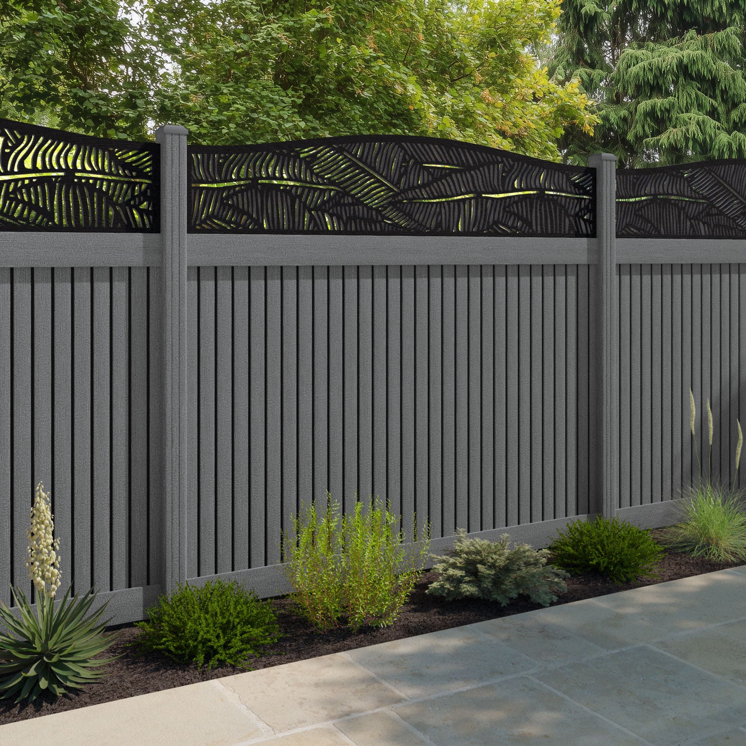 Virtis Feather Curved Top Fence Panel - Mid Grey - with our composite posts