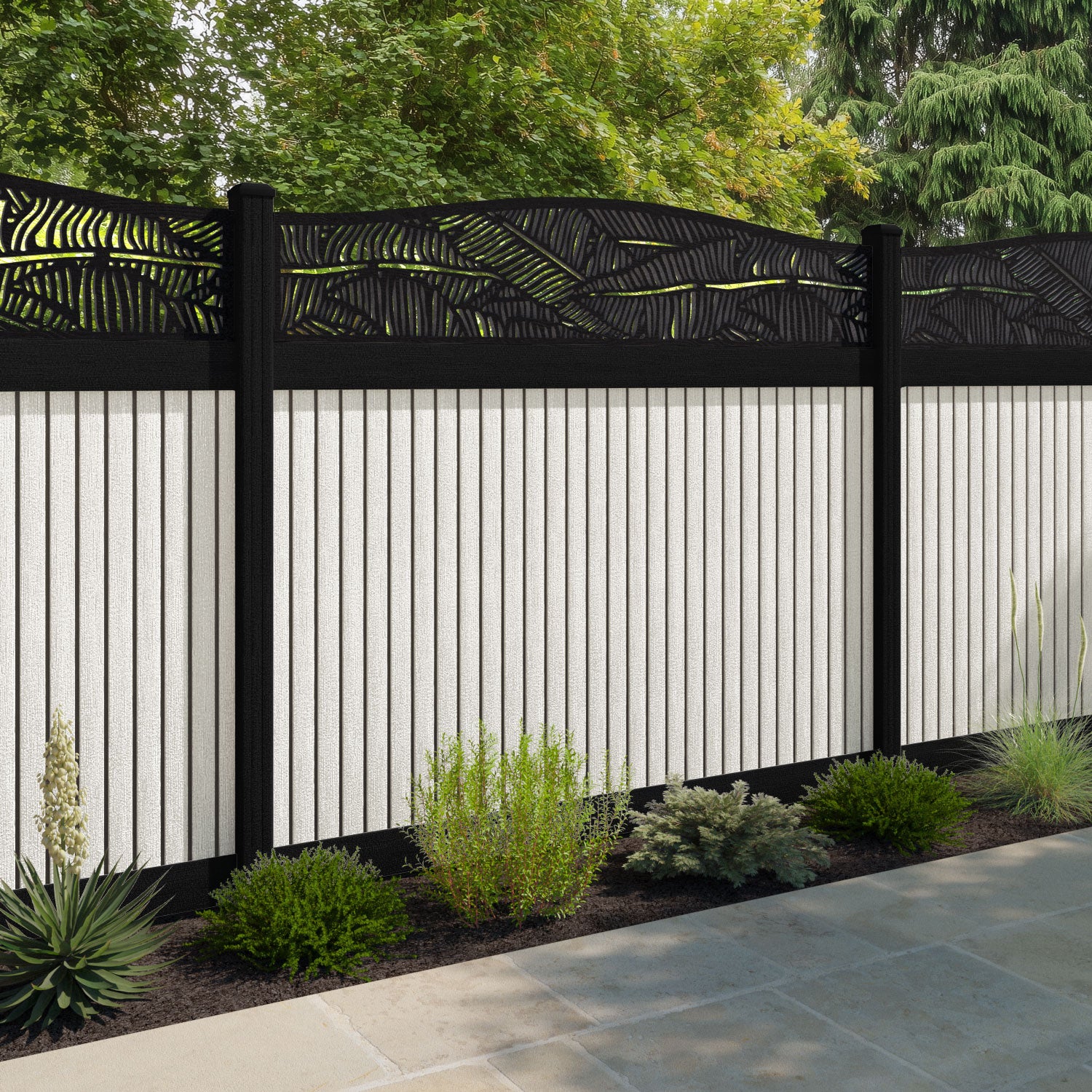 Virtis Feather Curved Top Fence Panel - Light Stone - with our aluminium posts