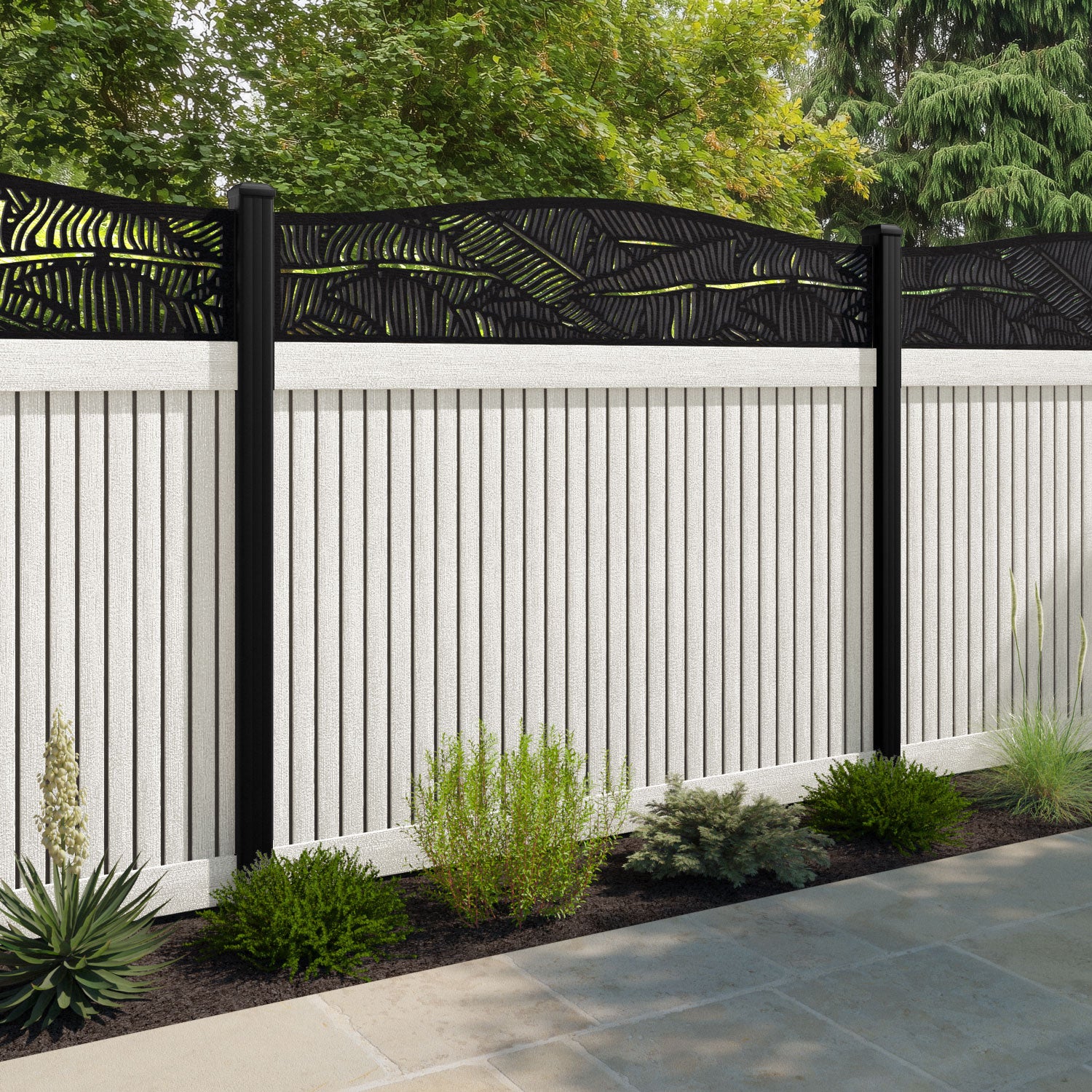 Virtis Feather Curved Top Fence Panel - Light Stone - with our aluminium posts