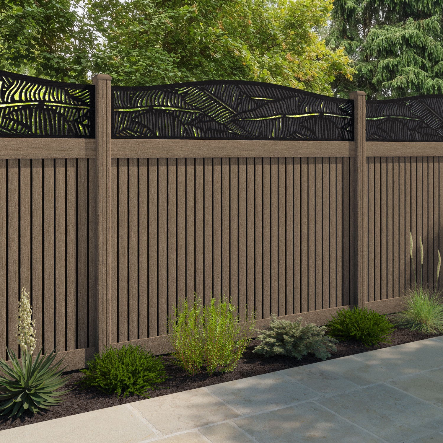 Virtis Feather Curved Top Fence Panel - Teak - with our composite posts