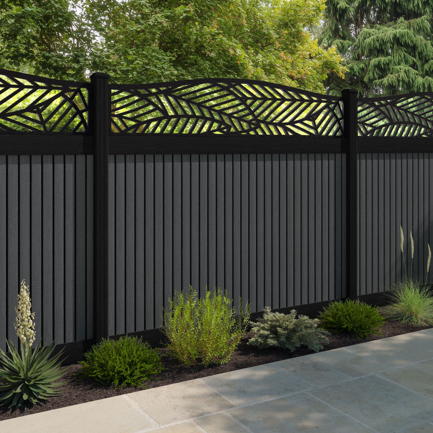 Virtis Habitat Curved Top Fence Panel - Dark Grey - with our aluminium posts