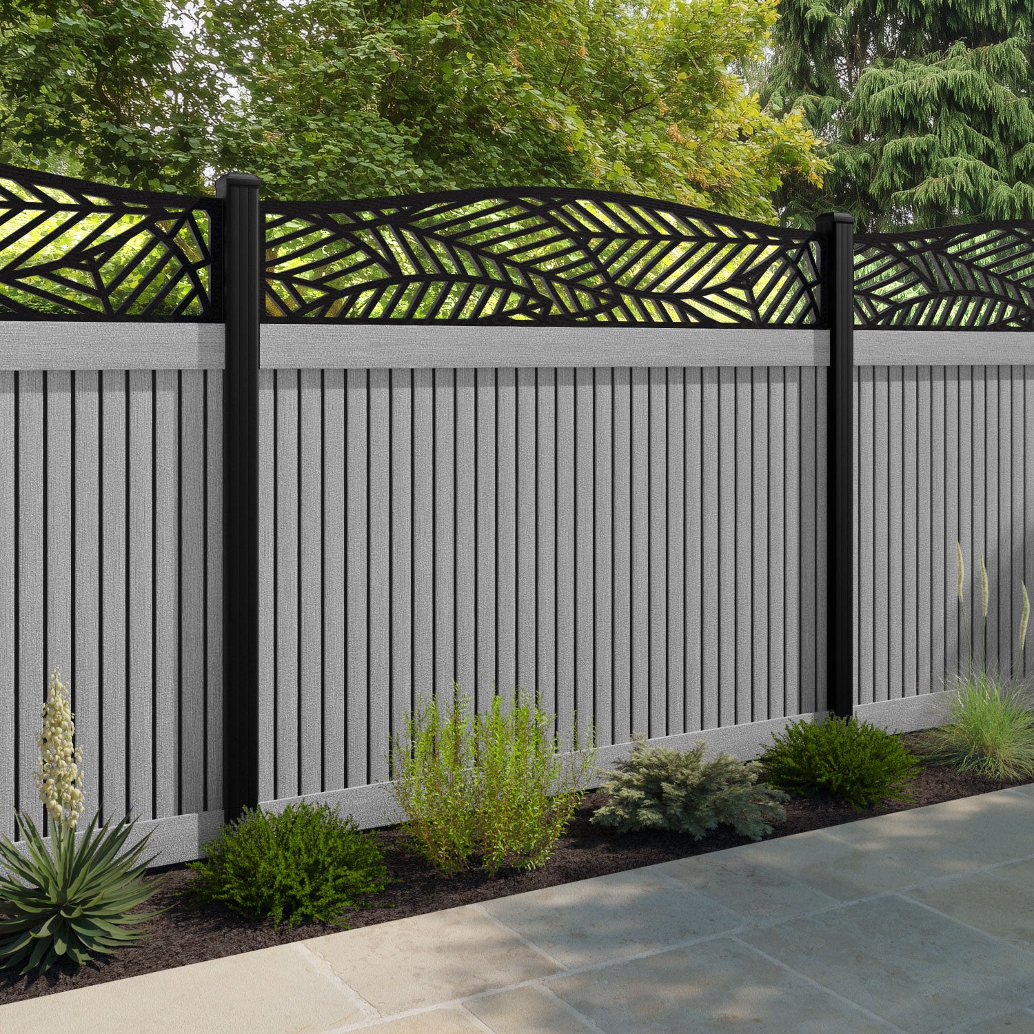 Virtis Habitat Curved Top Fence Panel - Light Grey - with our aluminium posts