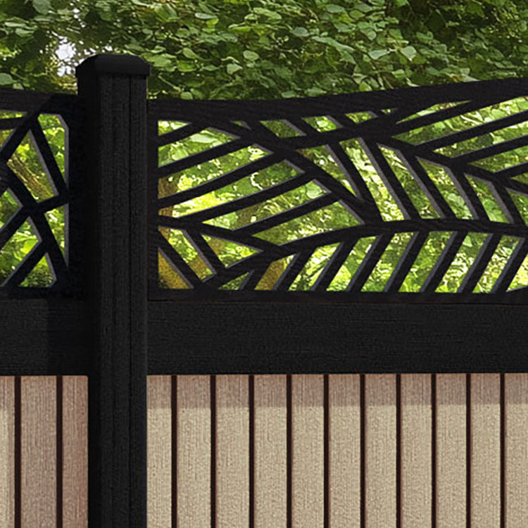 Virtis Habitat Curved Top Fence Panel - Light Oak - with our aluminium posts