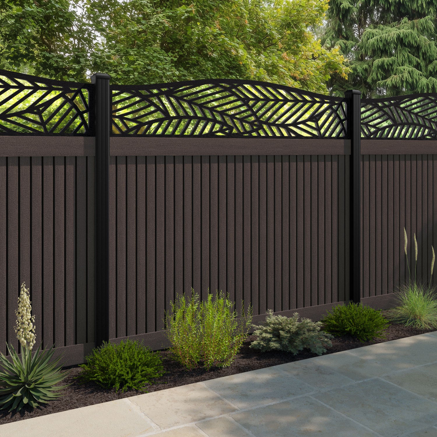 Virtis Habitat Curved Top Fence Panel - Mid Brown - with our aluminium posts