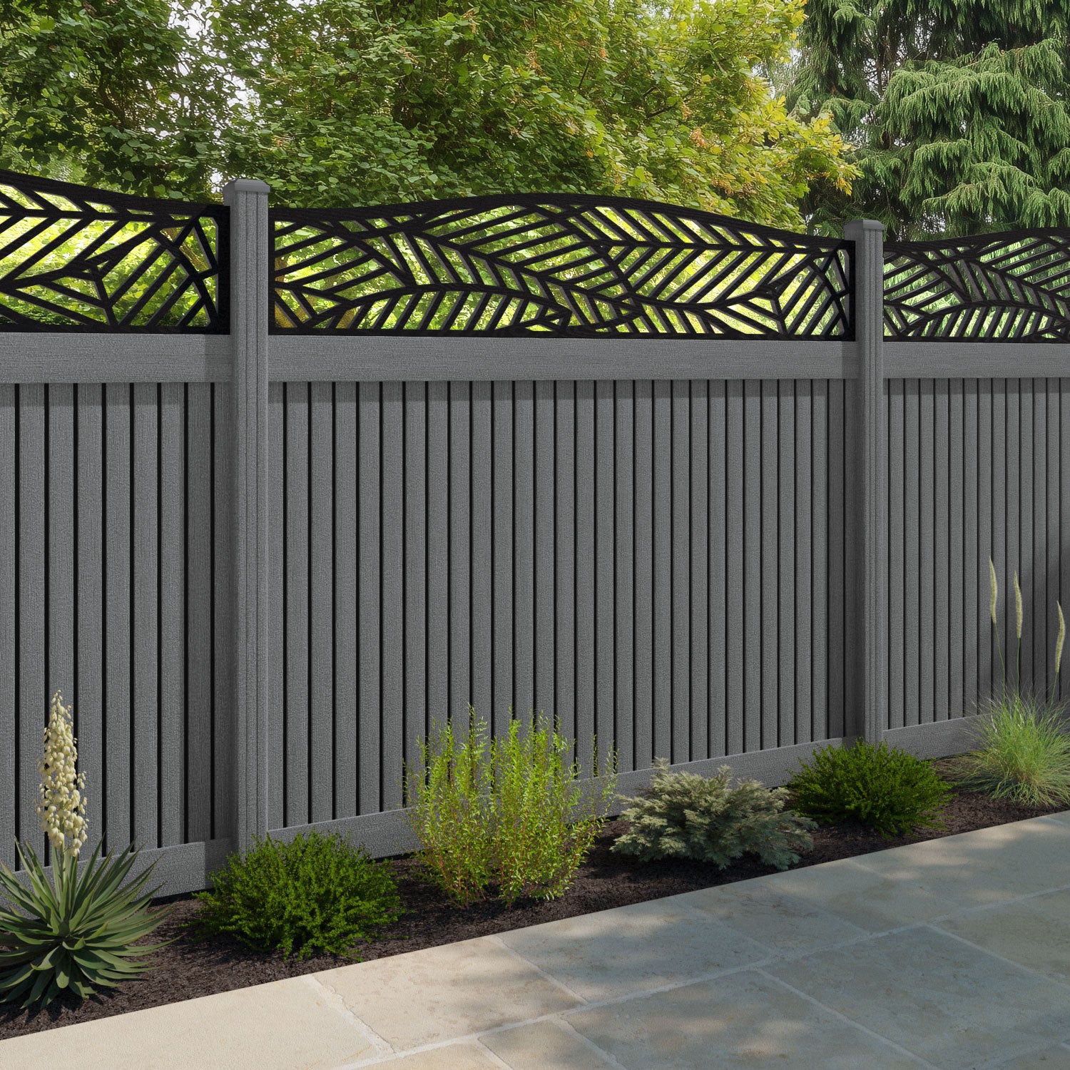 Virtis Habitat Curved Top Fence Panel - Mid Grey - with our composite posts