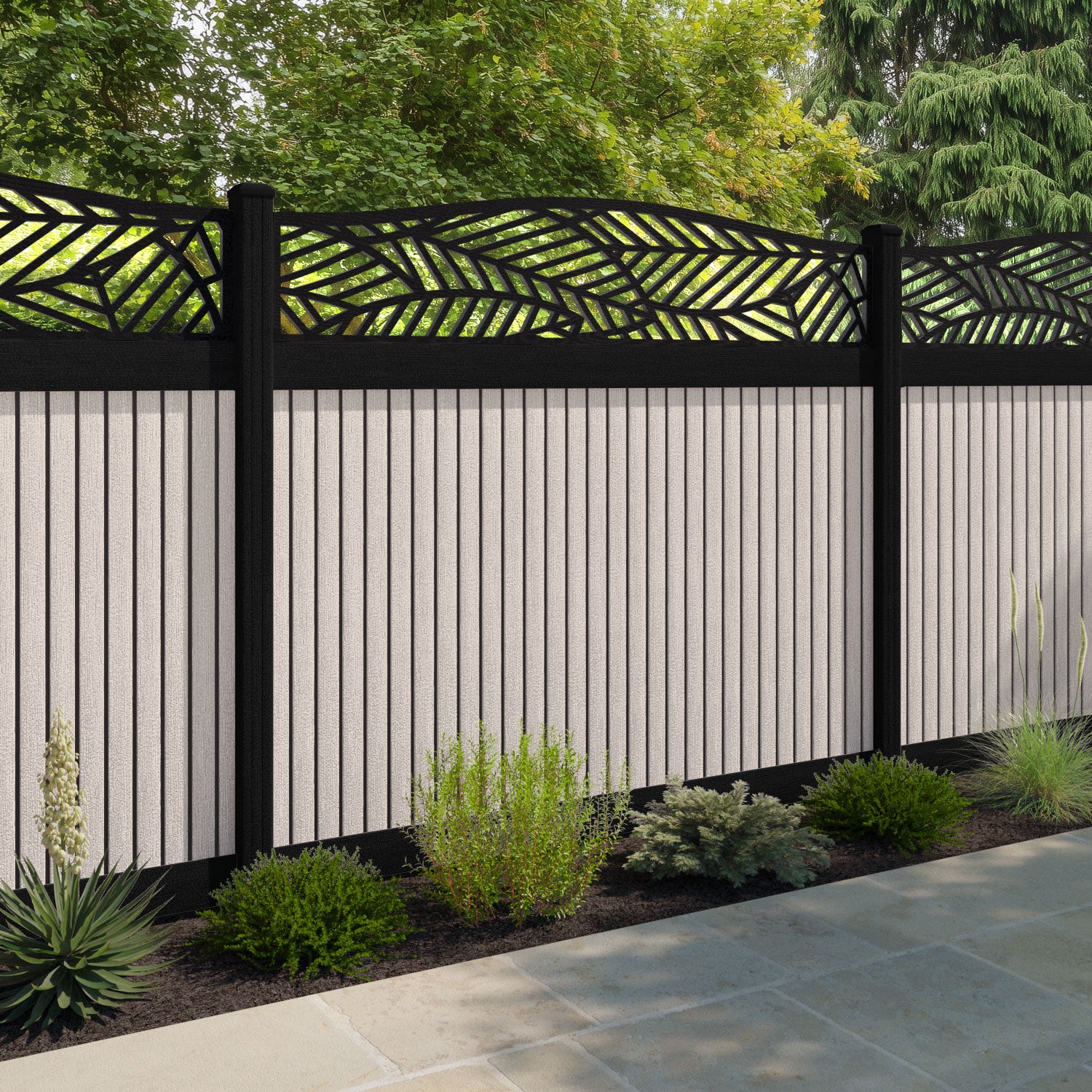 Virtis Habitat Curved Top Fence Panel - Mid Stone - with our composite posts