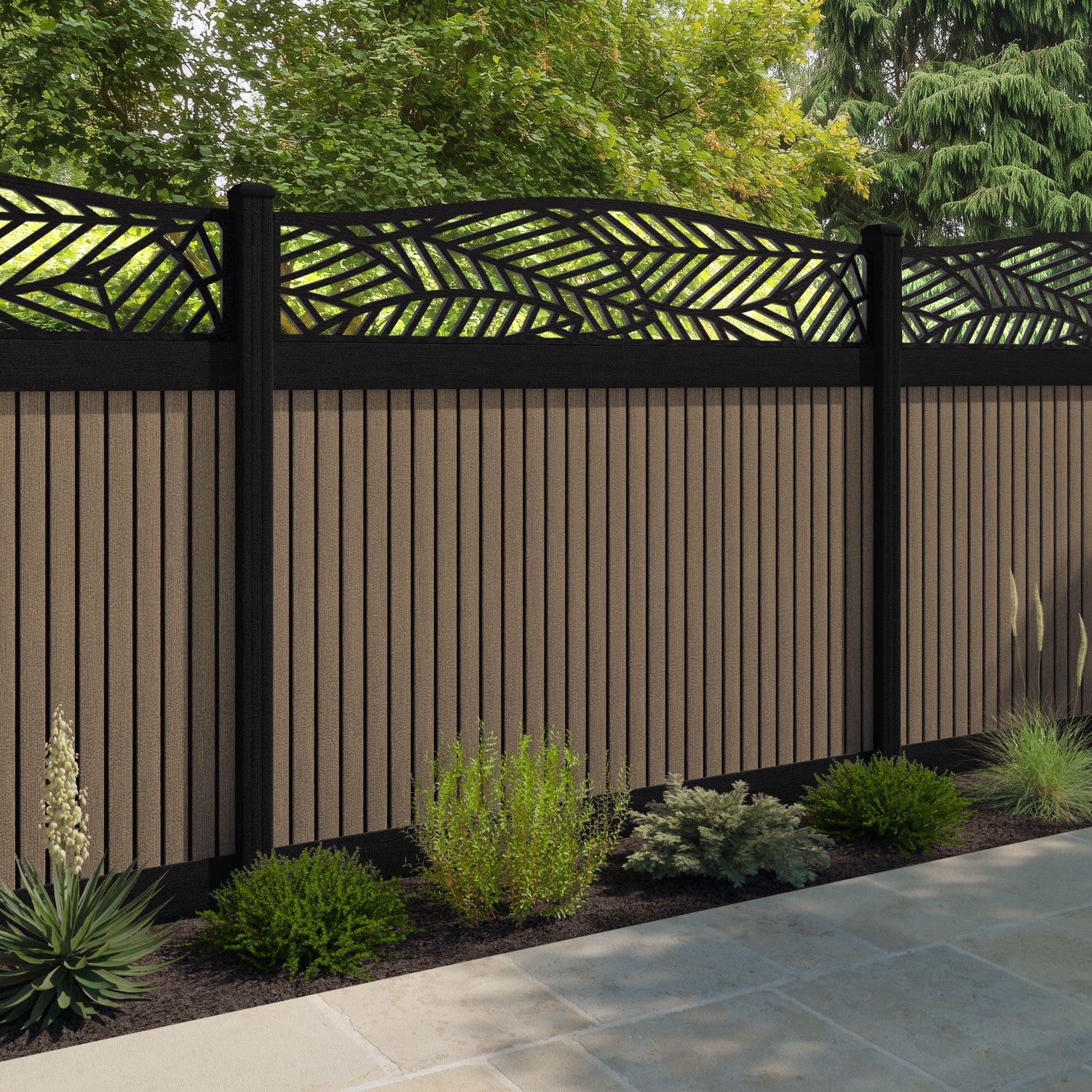 Virtis Habitat Curved Top Fence Panel - Teak - with our aluminium posts