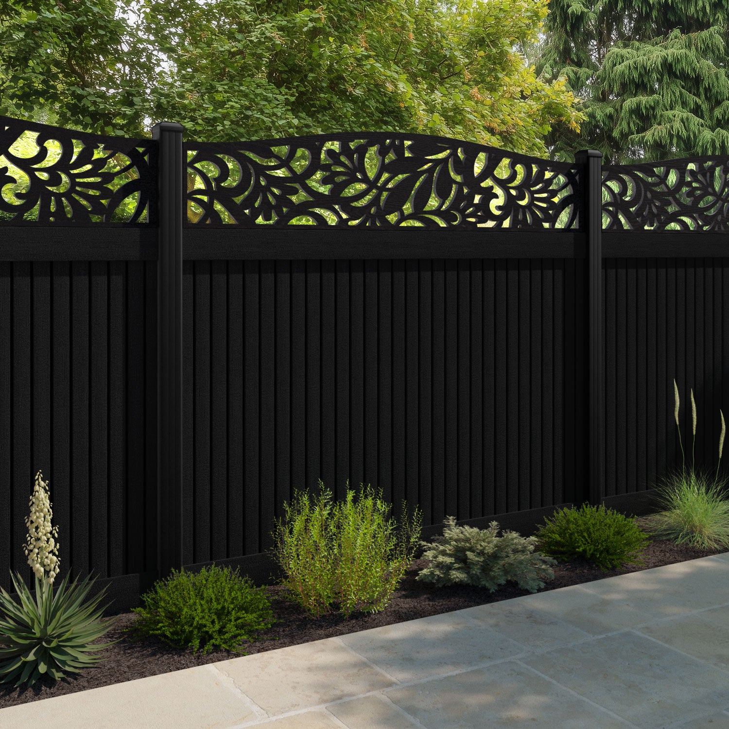 Virtis Heritage Curved Top Fence Panel - Black - with our aluminium posts