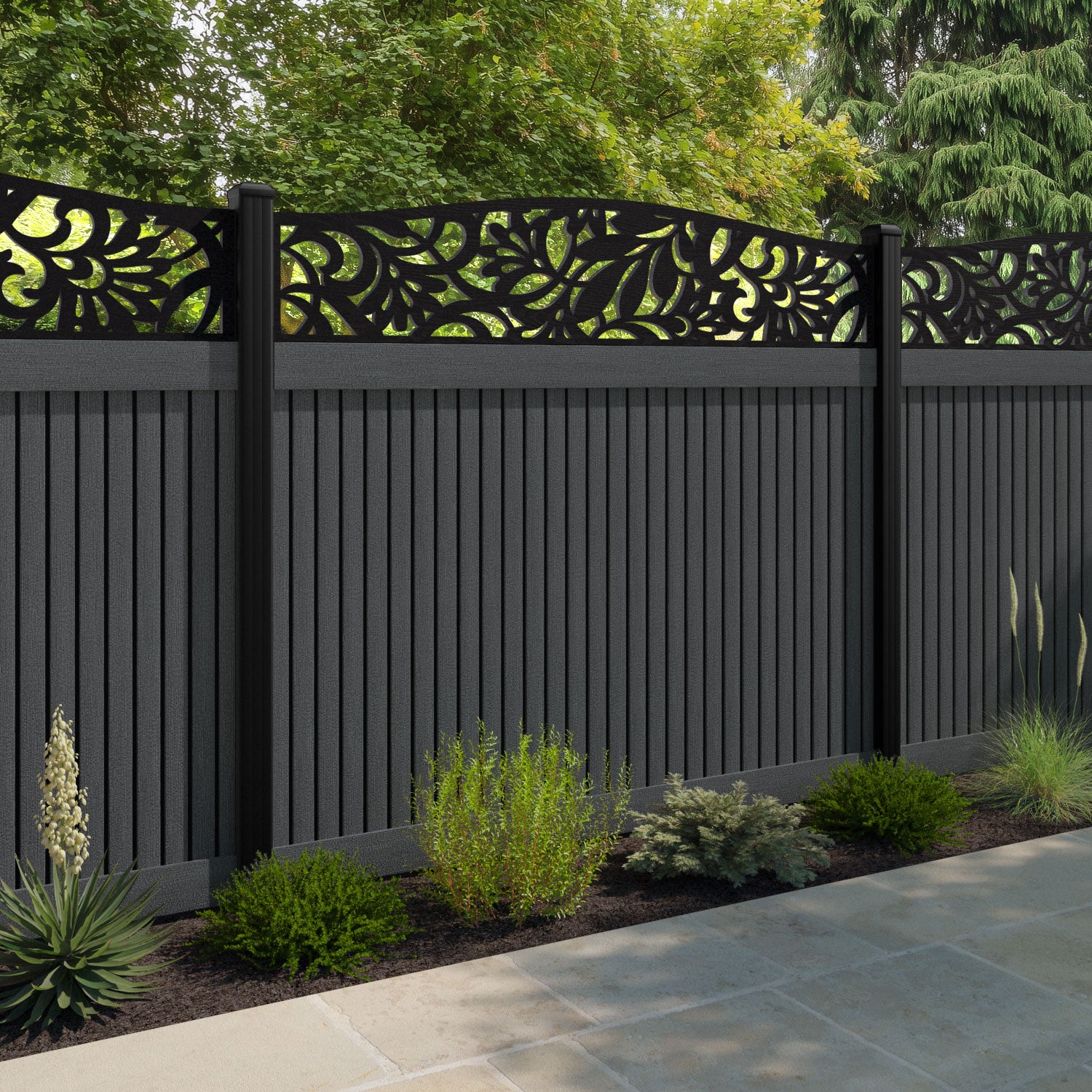 Virtis Heritage Curved Top Fence Panel - Dark Grey - with our composite posts