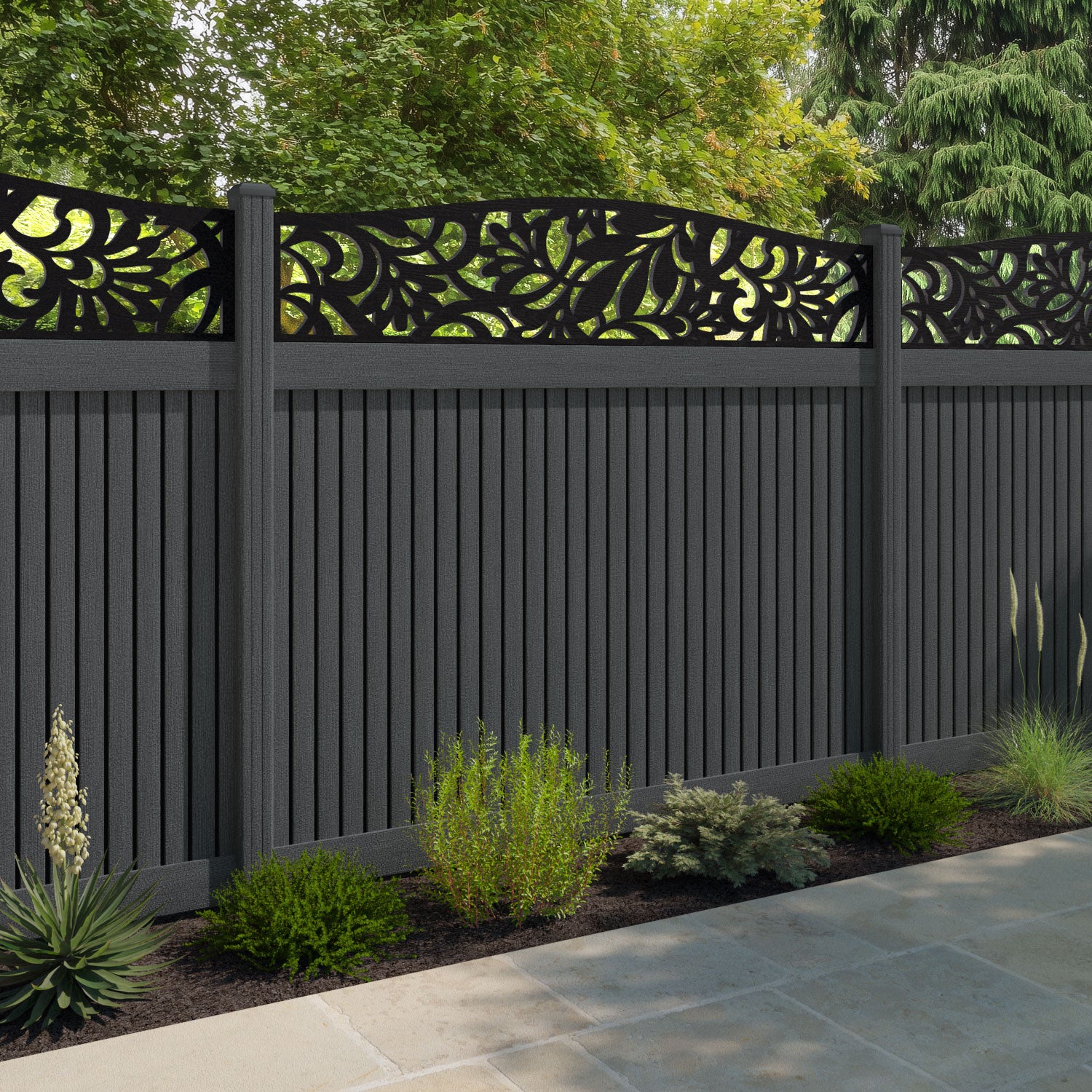 Virtis Heritage Curved Top Fence Panel - Dark Grey - with our composite posts