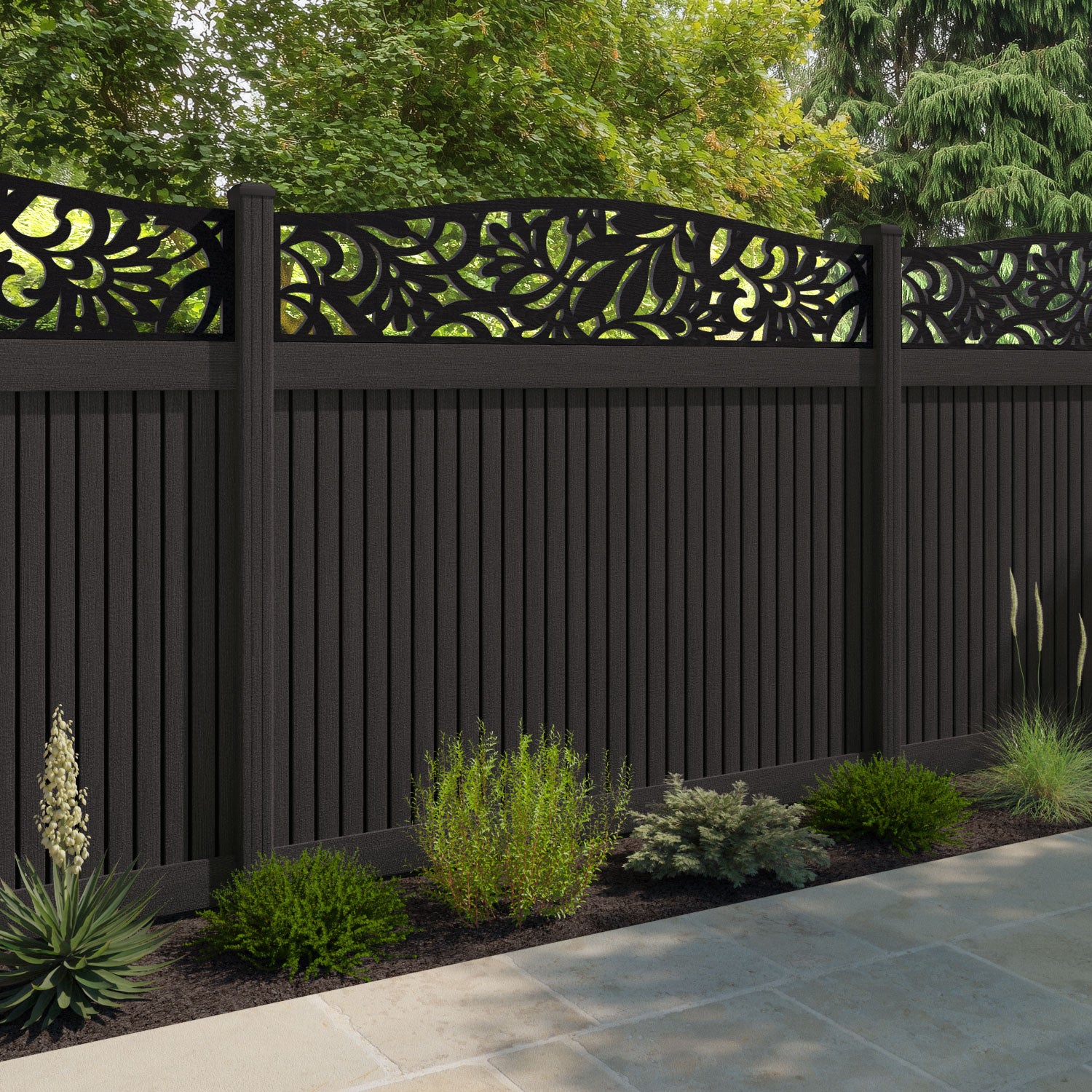Virtis Heritage Curved Top Fence Panel - Dark Oak - with our composite posts