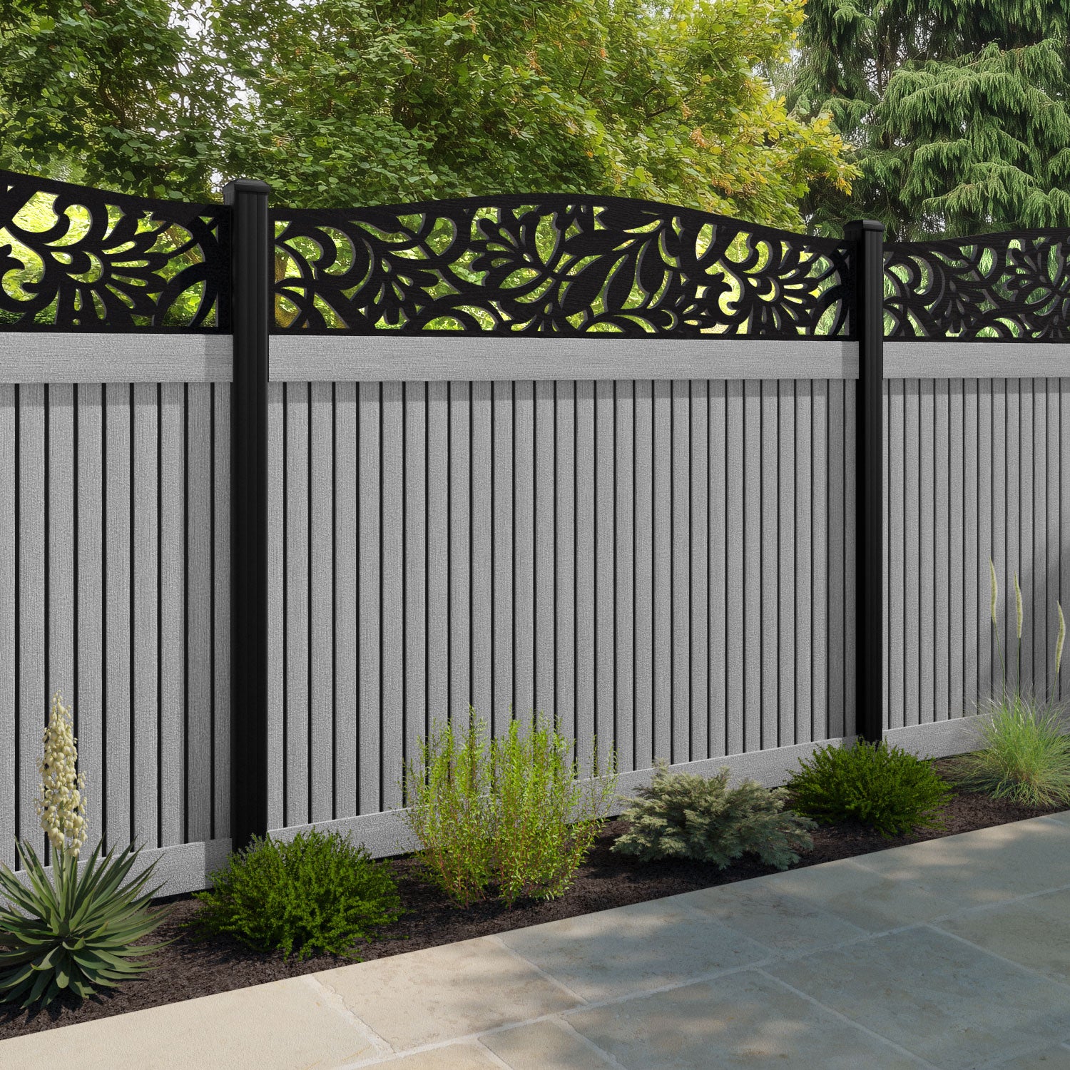 Virtis Heritage Curved Top Fence Panel - Light Grey - with our aluminium posts