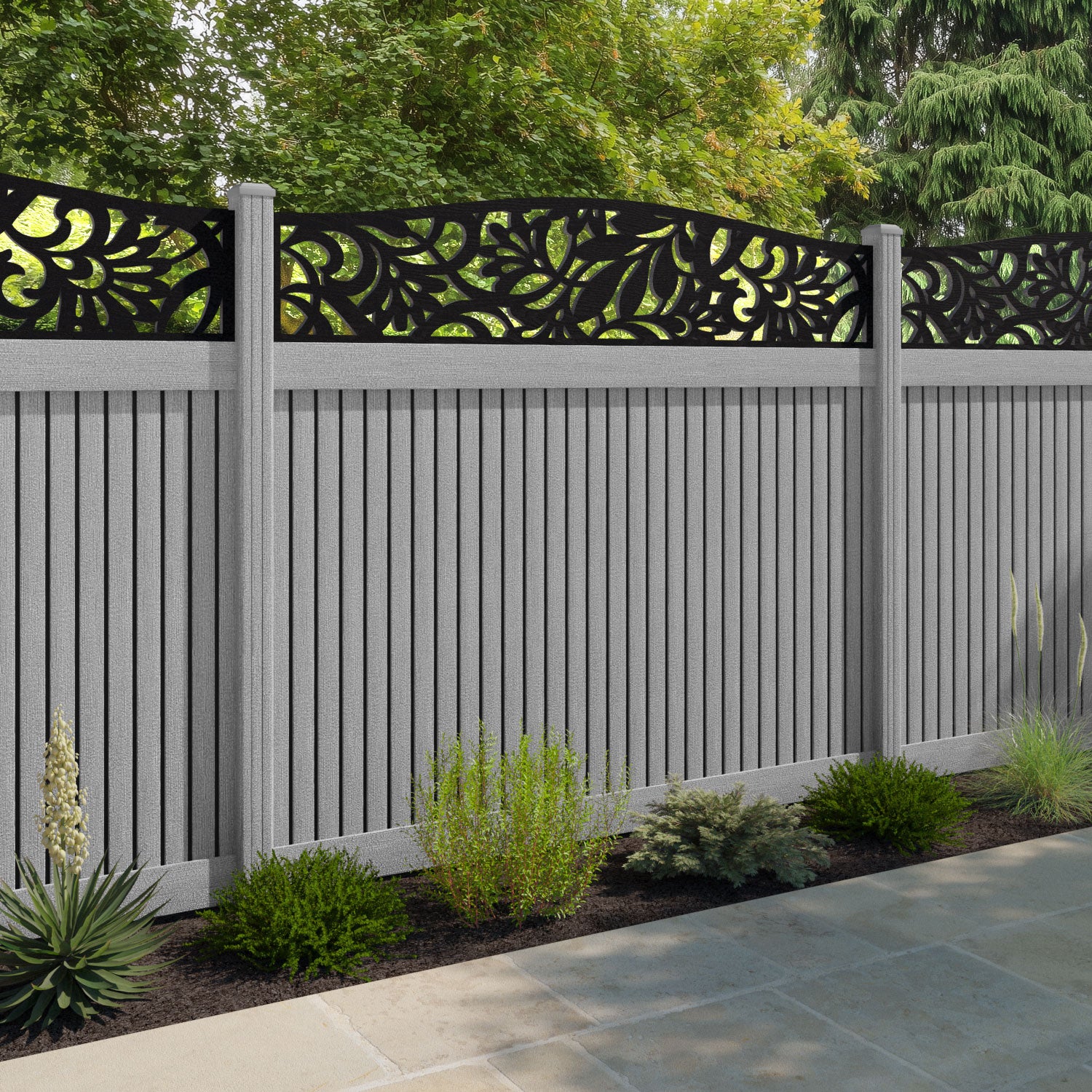 Virtis Heritage Curved Top Fence Panel - Light Grey - with our composite posts