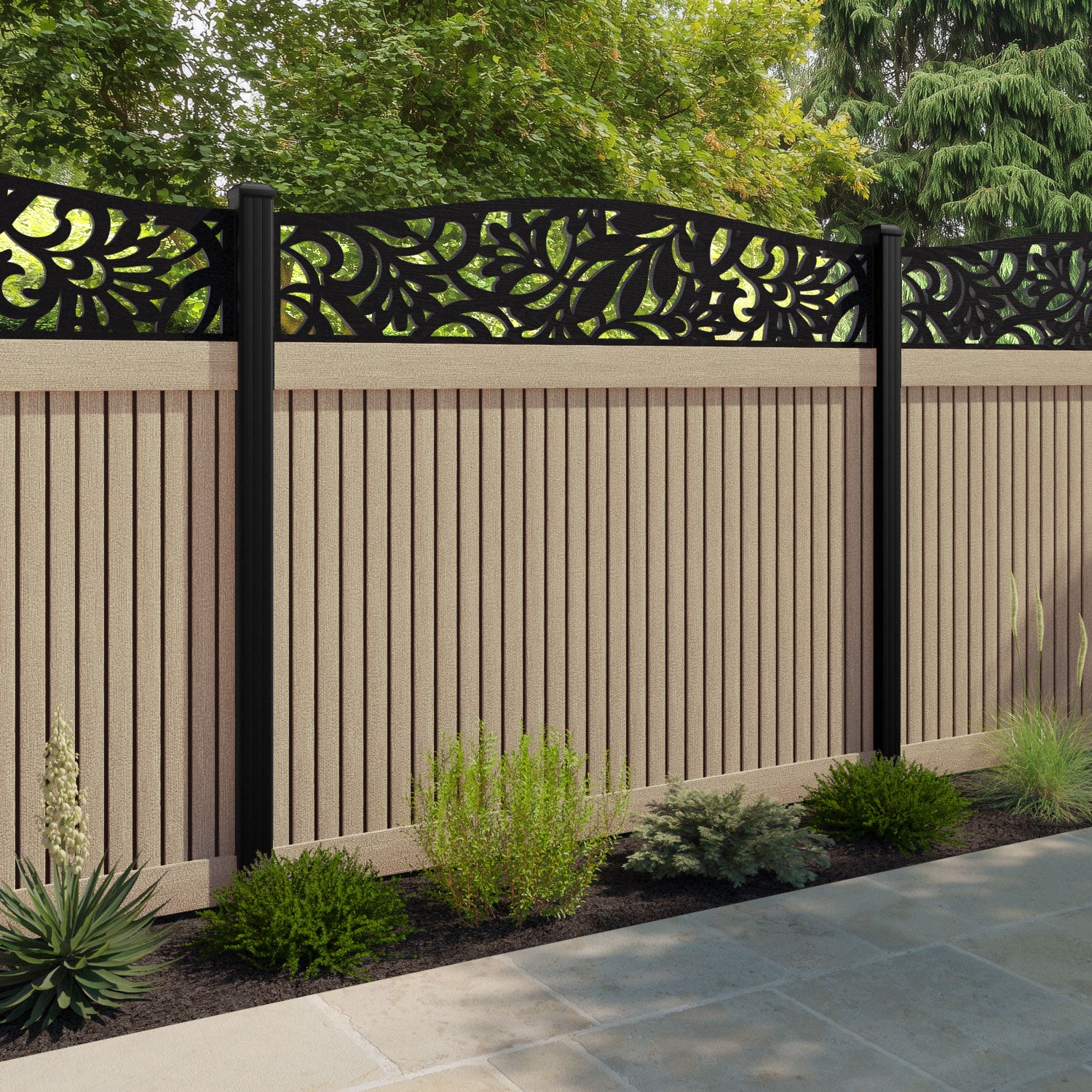 Virtis Heritage Curved Top Fence Panel - Light Oak - with our aluminium posts