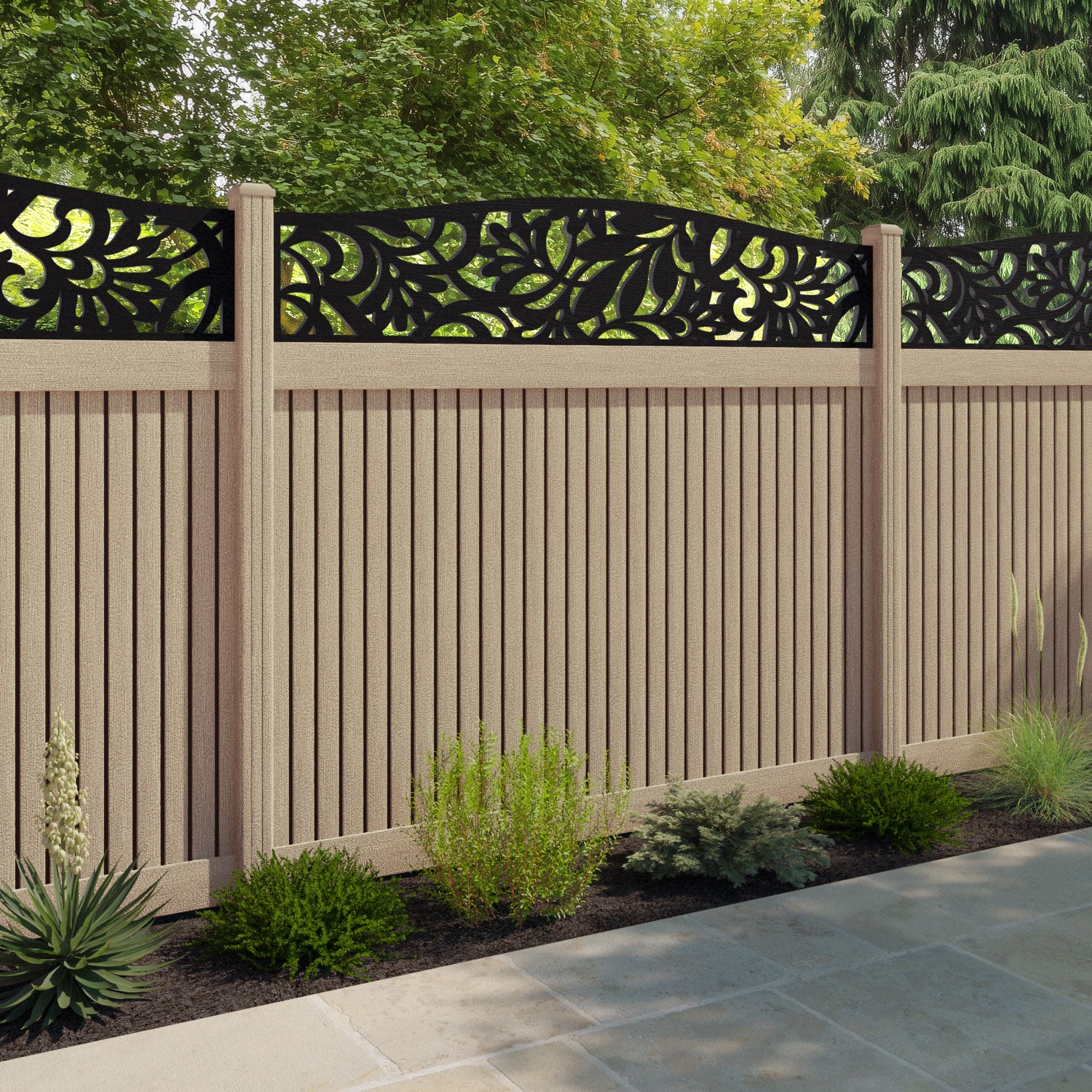 Virtis Heritage Curved Top Fence Panel - Light Oak - with our composite posts