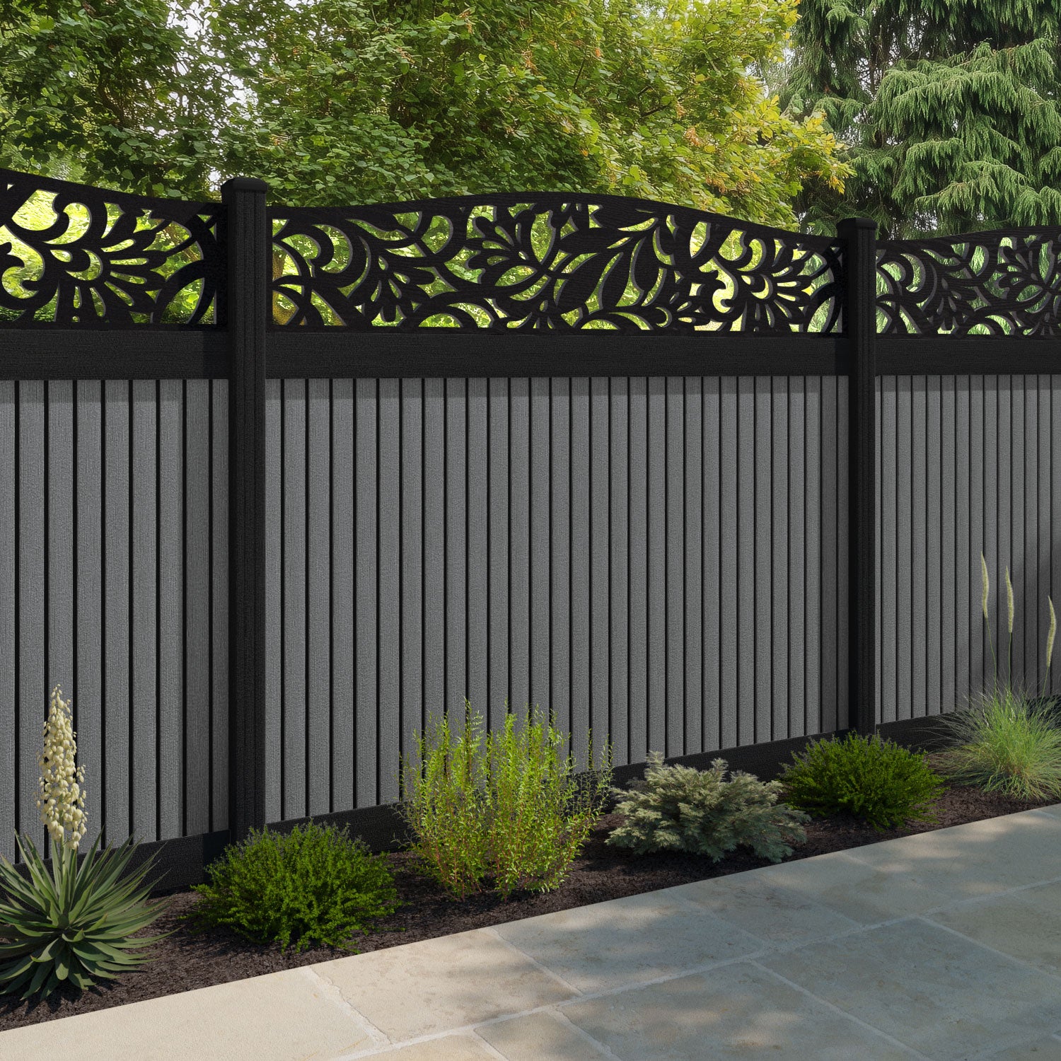 Virtis Heritage Curved Top Fence Panel - Mid Grey - with our aluminium posts