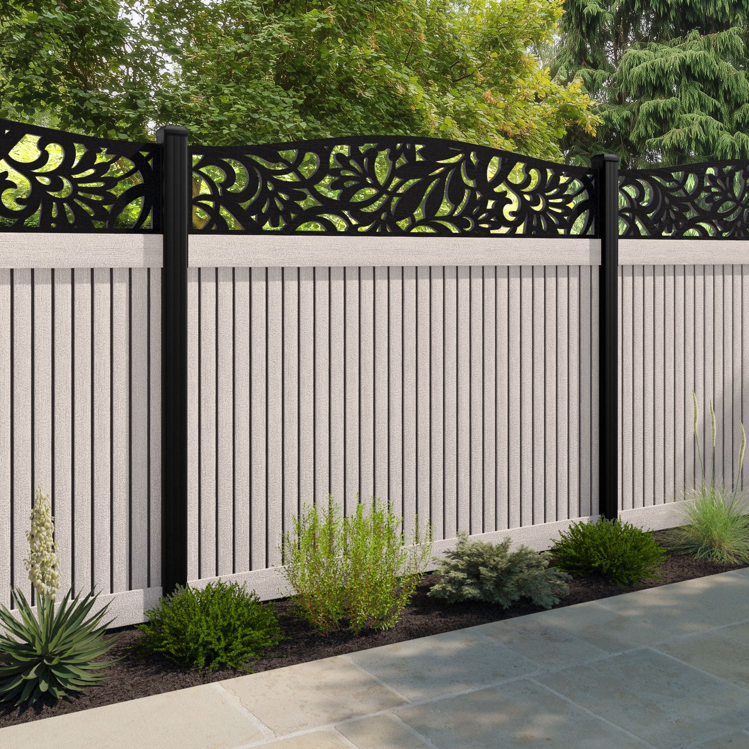 Virtis Heritage Curved Top Fence Panel - Mid Stone - with our aluminium posts