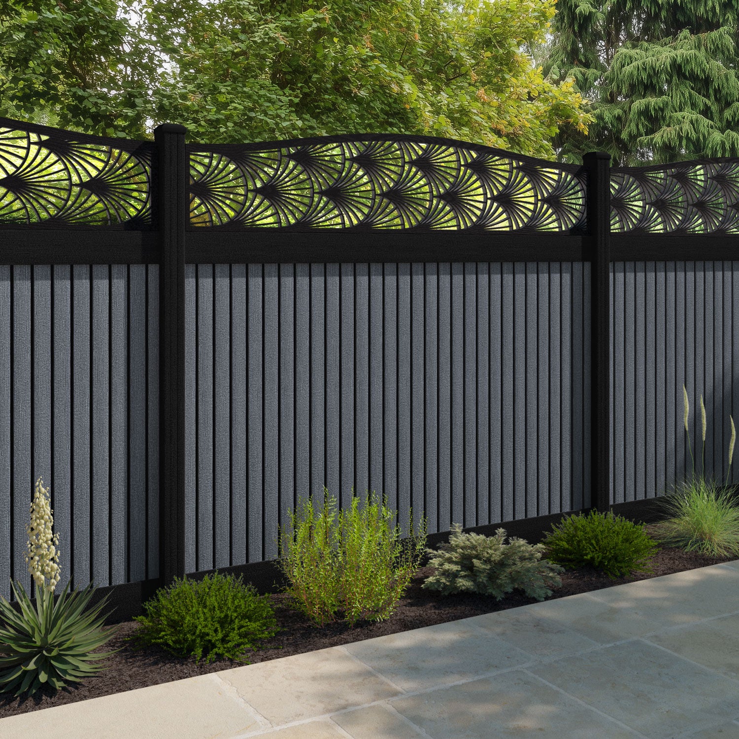 Virtis Laurel Curved Top Fence Panel - Anthracite - with our composite posts
