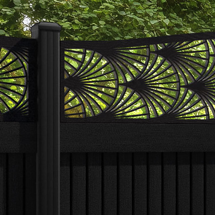 Virtis Laurel Curved Top Fence Panel - Black - with our aluminium posts
