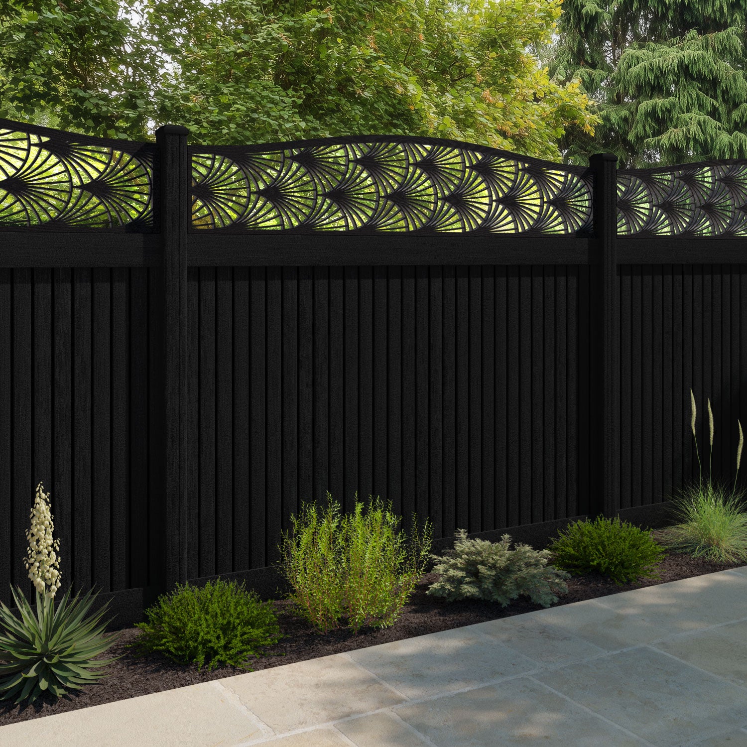 Virtis Laurel Curved Top Fence Panel - Black - with our composite posts