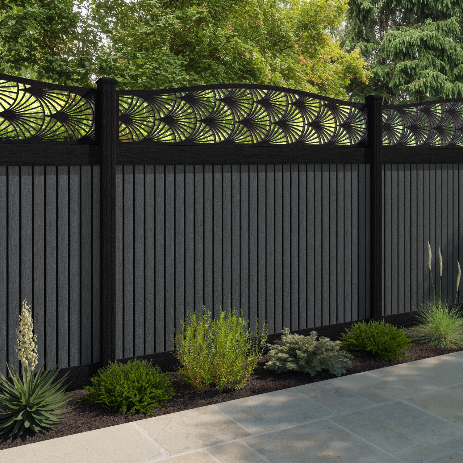 Virtis Laurel Curved Top Fence Panel - Dark Grey - with our composite posts