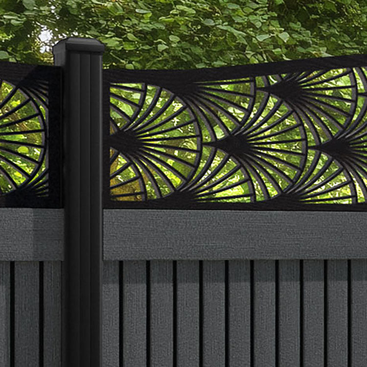 Virtis Laurel Curved Top Fence Panel - Dark Grey - with our aluminium posts