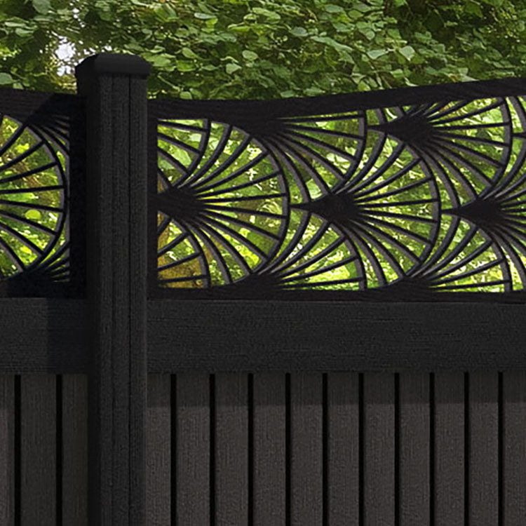 Virtis Laurel Curved Top Fence Panel - Dark Oak - with our aluminium posts