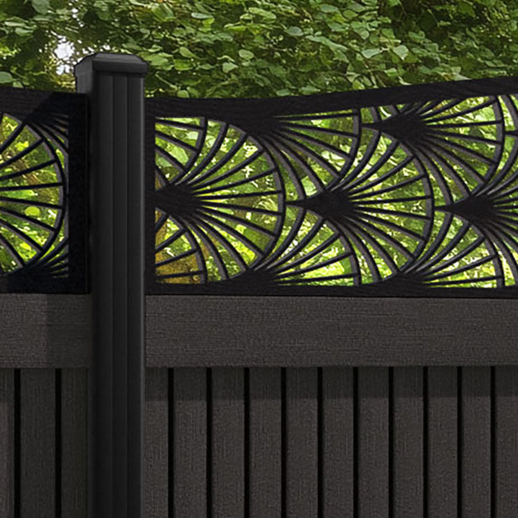 Virtis Laurel Curved Top Fence Panel - Dark Oak - with our aluminium posts