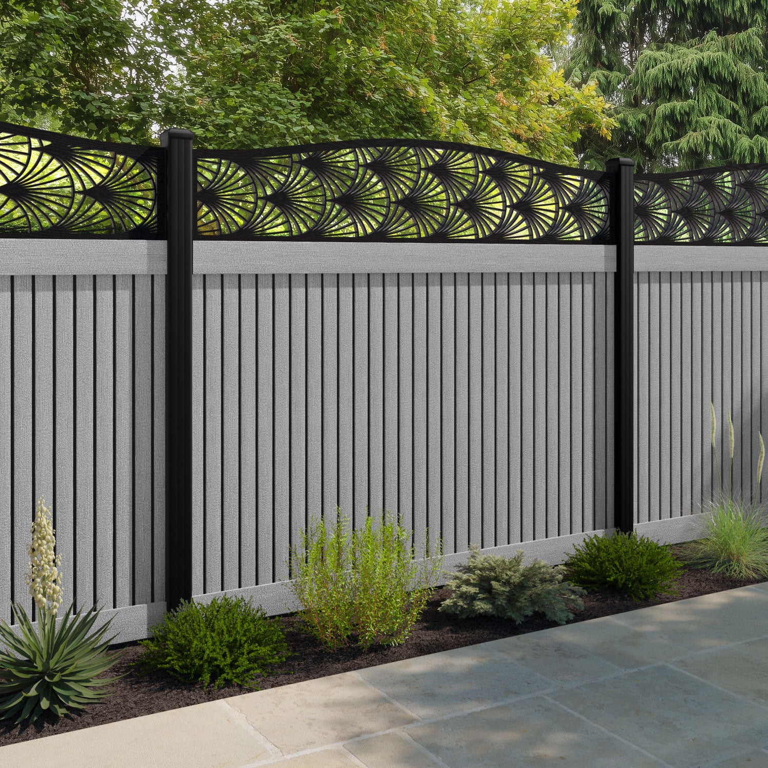 Virtis Laurel Curved Top Fence Panel - Light Grey - with our composite posts