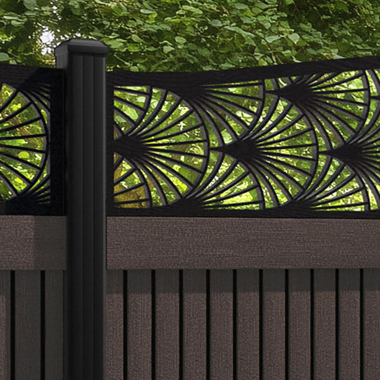 Virtis Laurel Curved Top Fence Panel - Mid Brown - with our aluminium posts