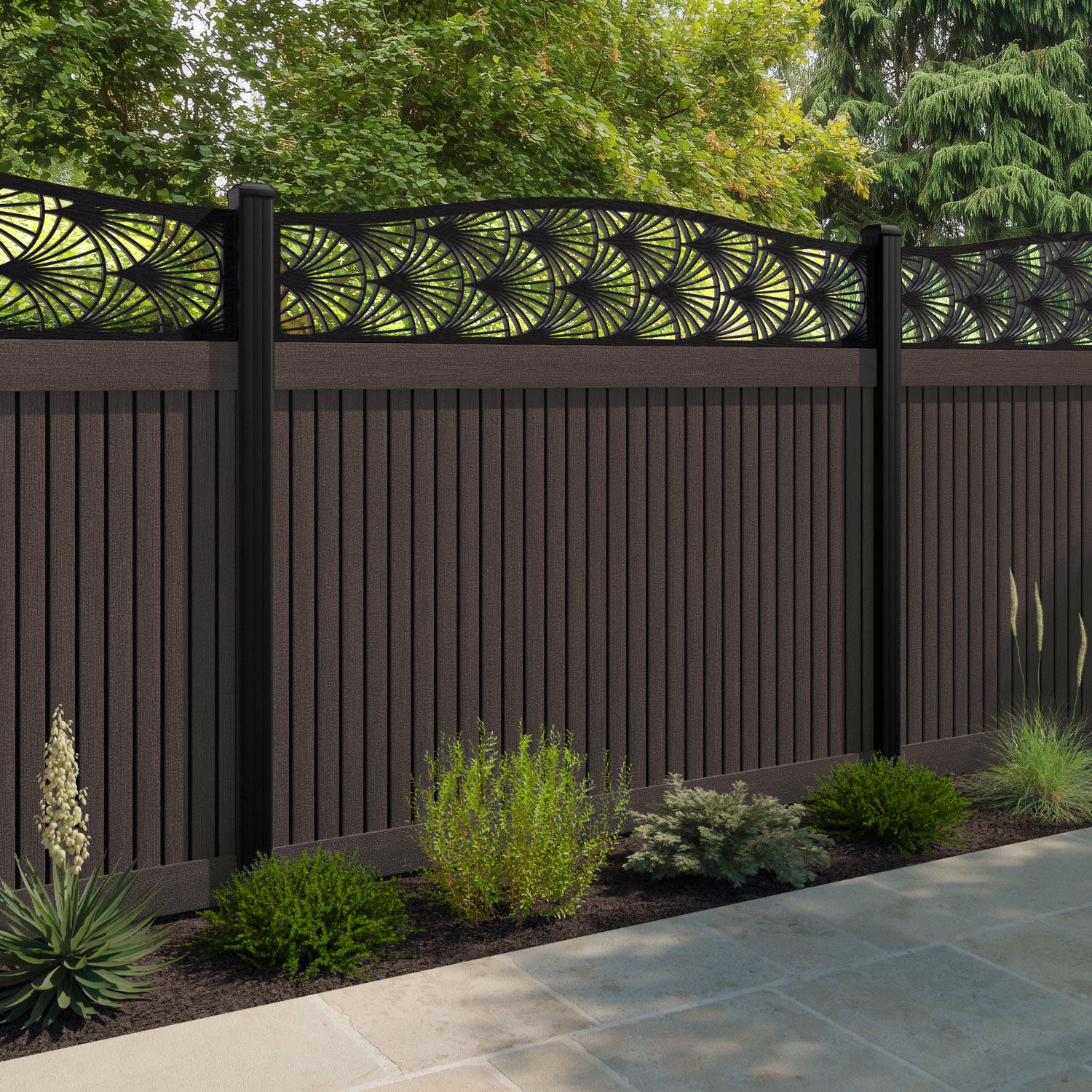 Virtis Laurel Curved Top Fence Panel - Mid Brown - with our composite posts