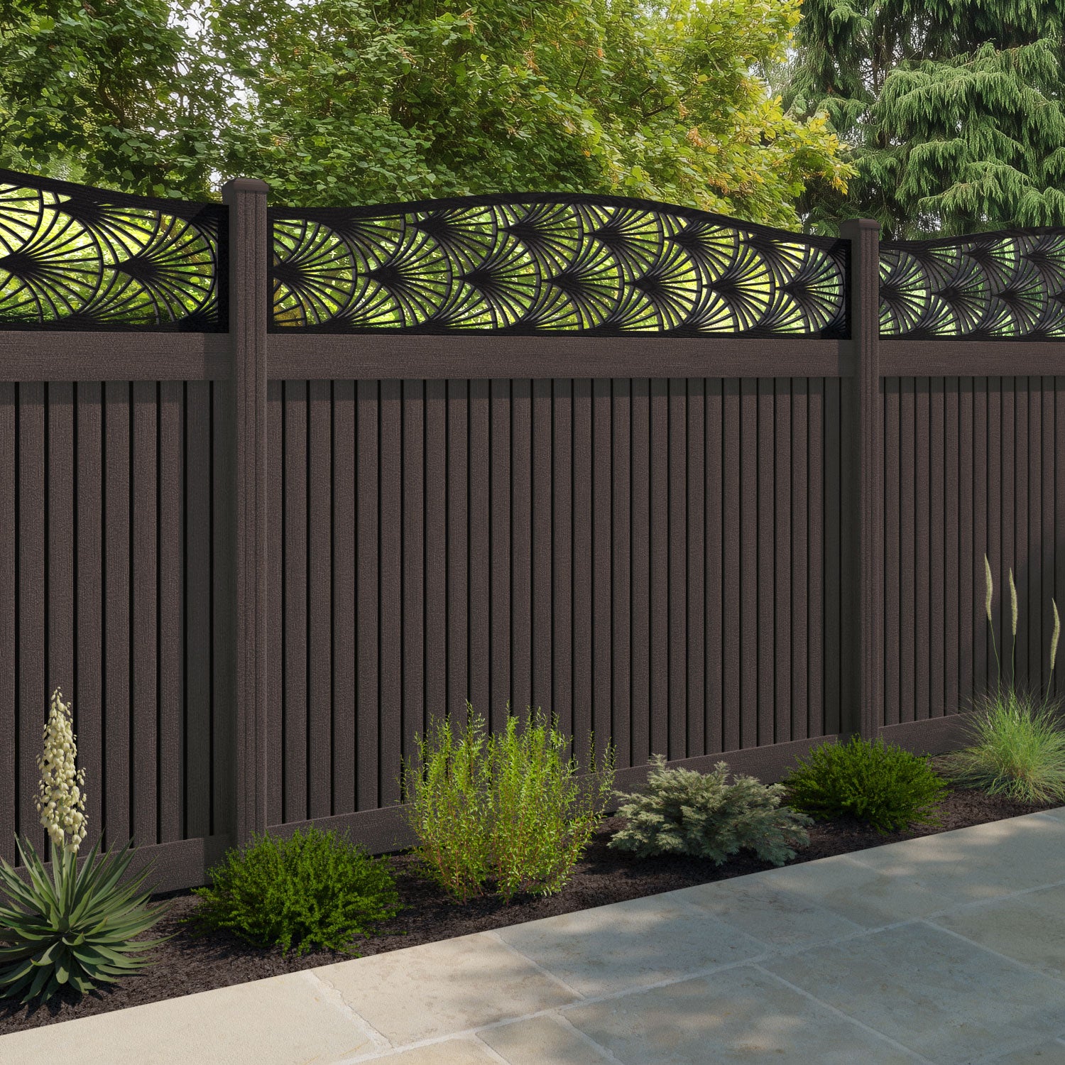 Virtis Laurel Curved Top Fence Panel - Mid Brown - with our composite posts