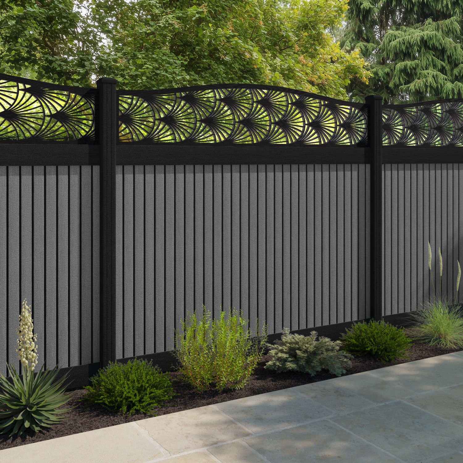 Virtis Laurel Curved Top Fence Panel - Mid Grey - with our aluminium posts