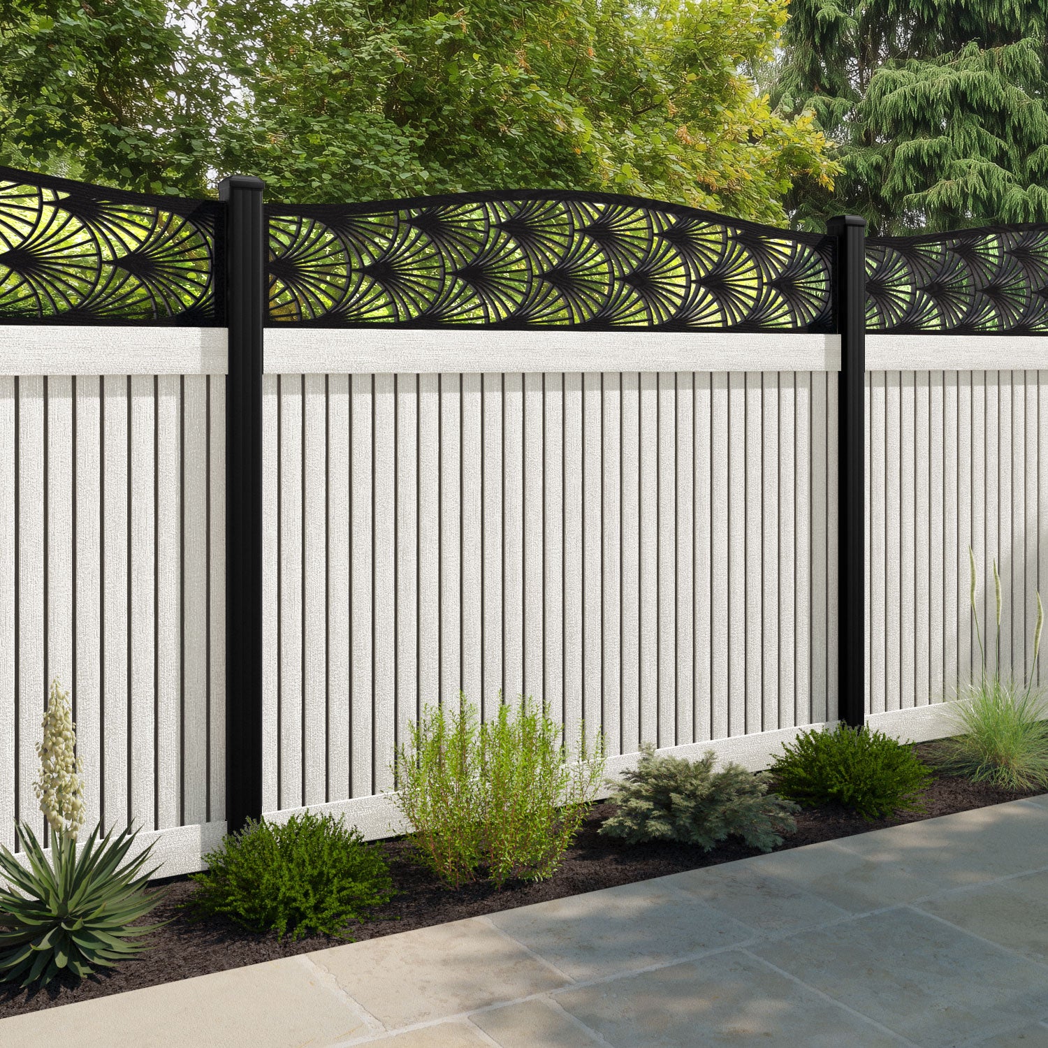 Virtis Laurel Curved Top Fence Panel - Light Stone - with our aluminium posts