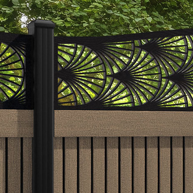 Virtis Laurel Curved Top Fence Panel - Teak - with our aluminium posts