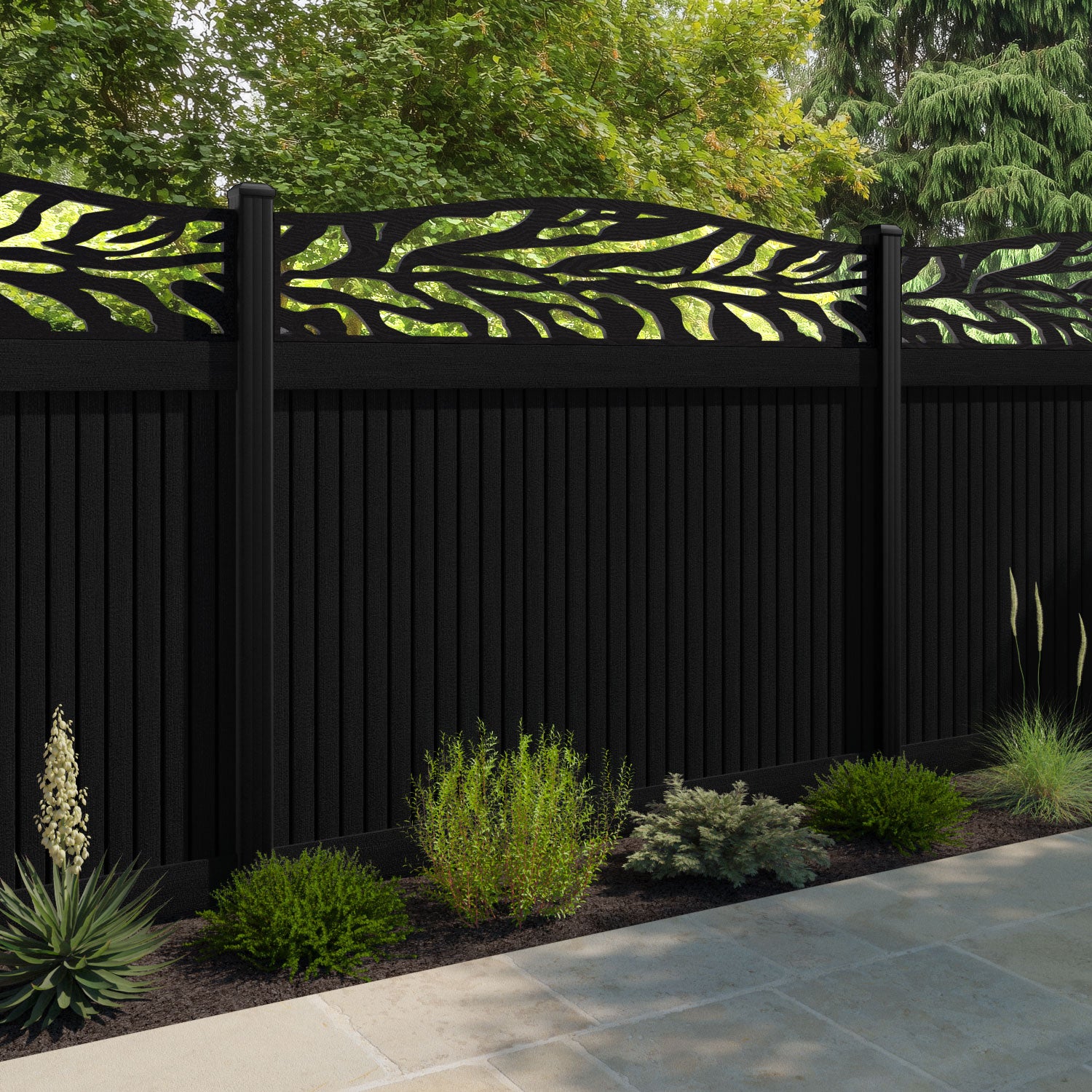 Virtis Malawi Curved Top Fence Panel - Black - with our aluminium posts