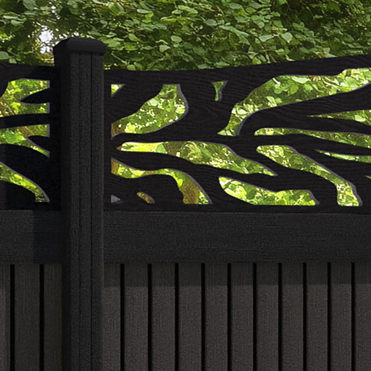 Virtis Malawi Curved Top Fence Panel - Dark Oak - with our aluminium posts