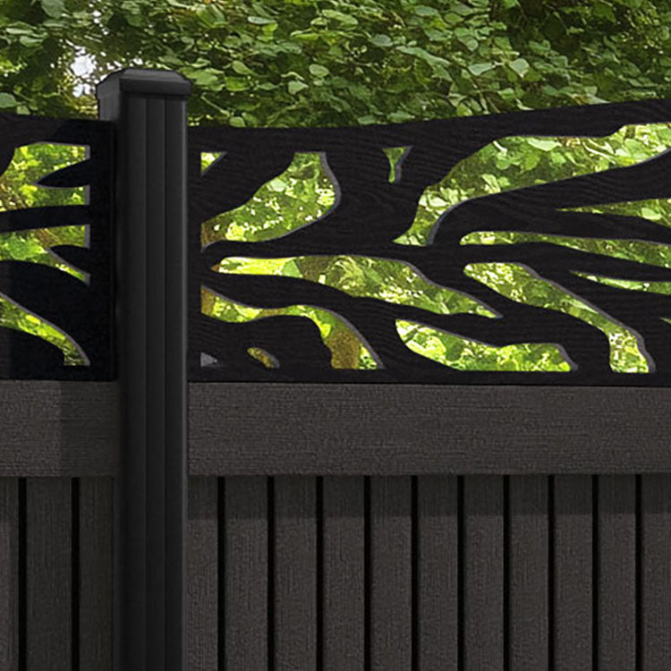 Virtis Malawi Curved Top Fence Panel - Dark Oak - with our aluminium posts