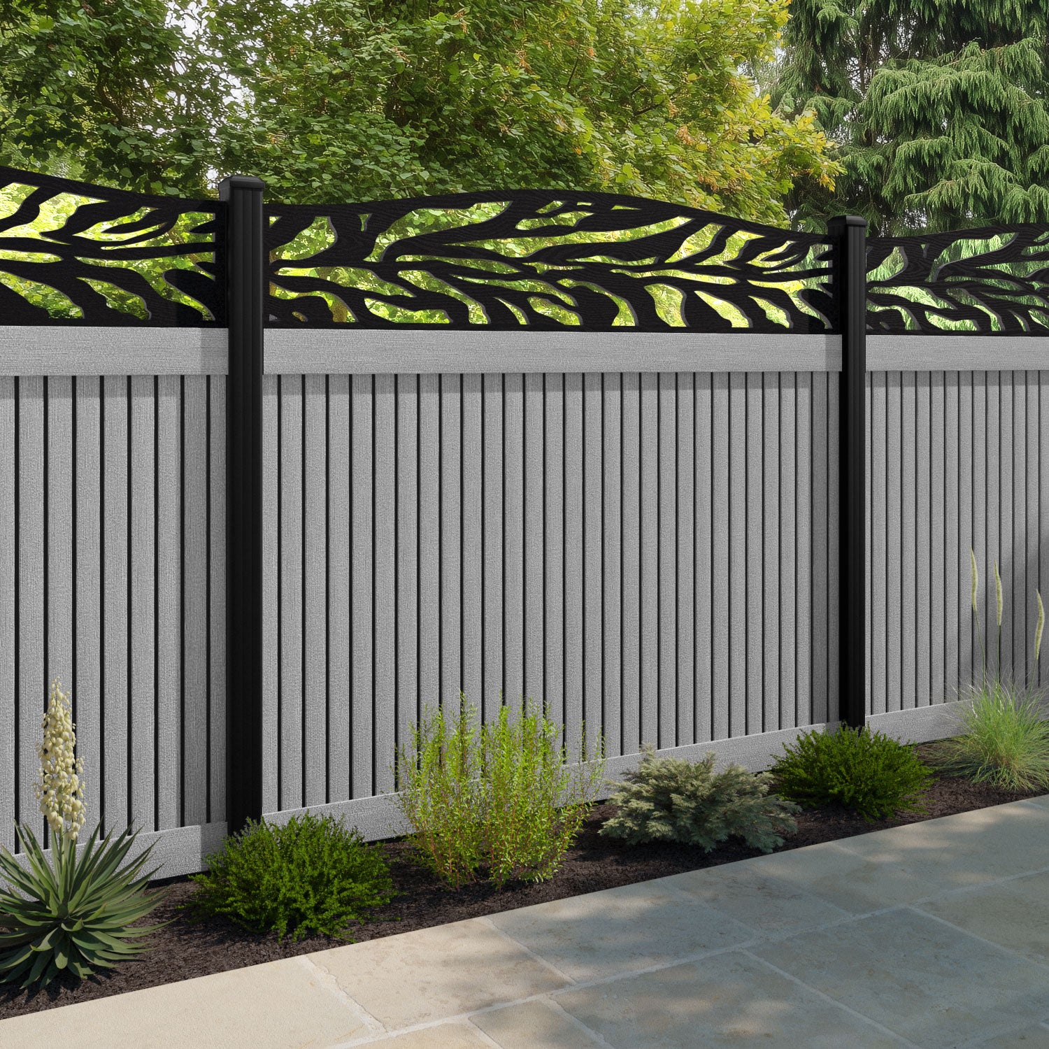 Virtis Malawi Curved Top Fence Panel - Light Grey - with our aluminium posts