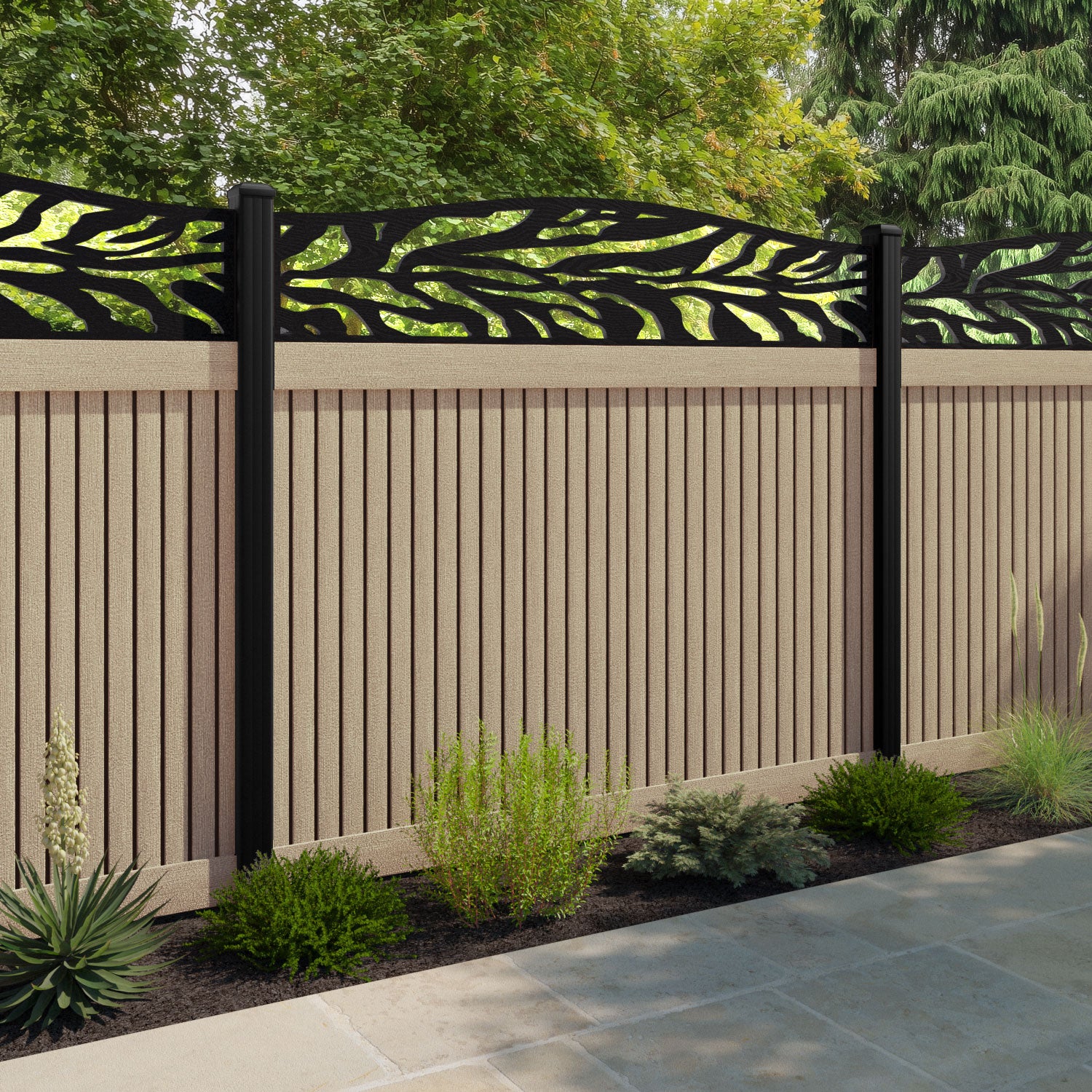 Virtis Malawi Curved Top Fence Panel - Light Oak - with our aluminium posts